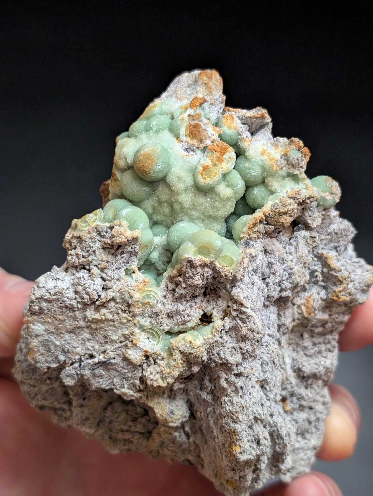 A hand holds a rough, grayish rock specimen featuring clusters of translucent green spherical crystals with subtle orange-brown patches.
