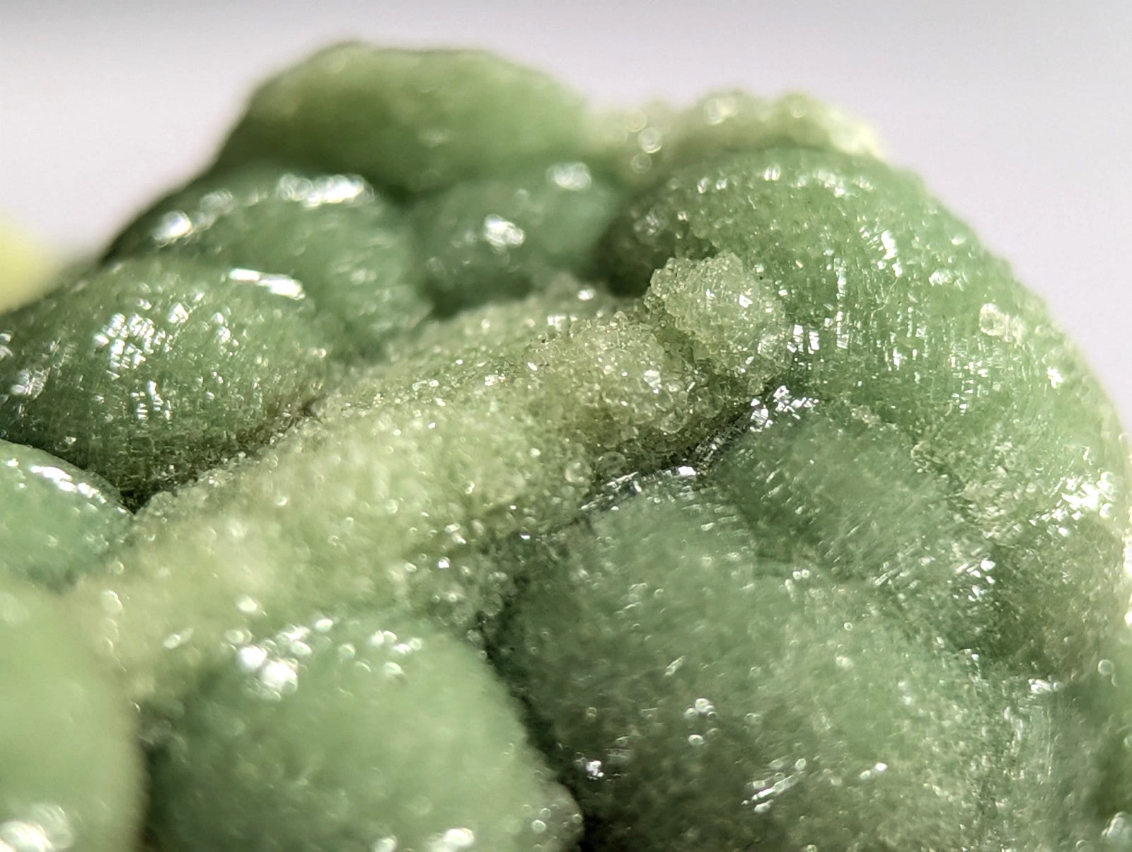 A glossy, light green mineral specimen with a textured surface of rounded, interlocking crystals.