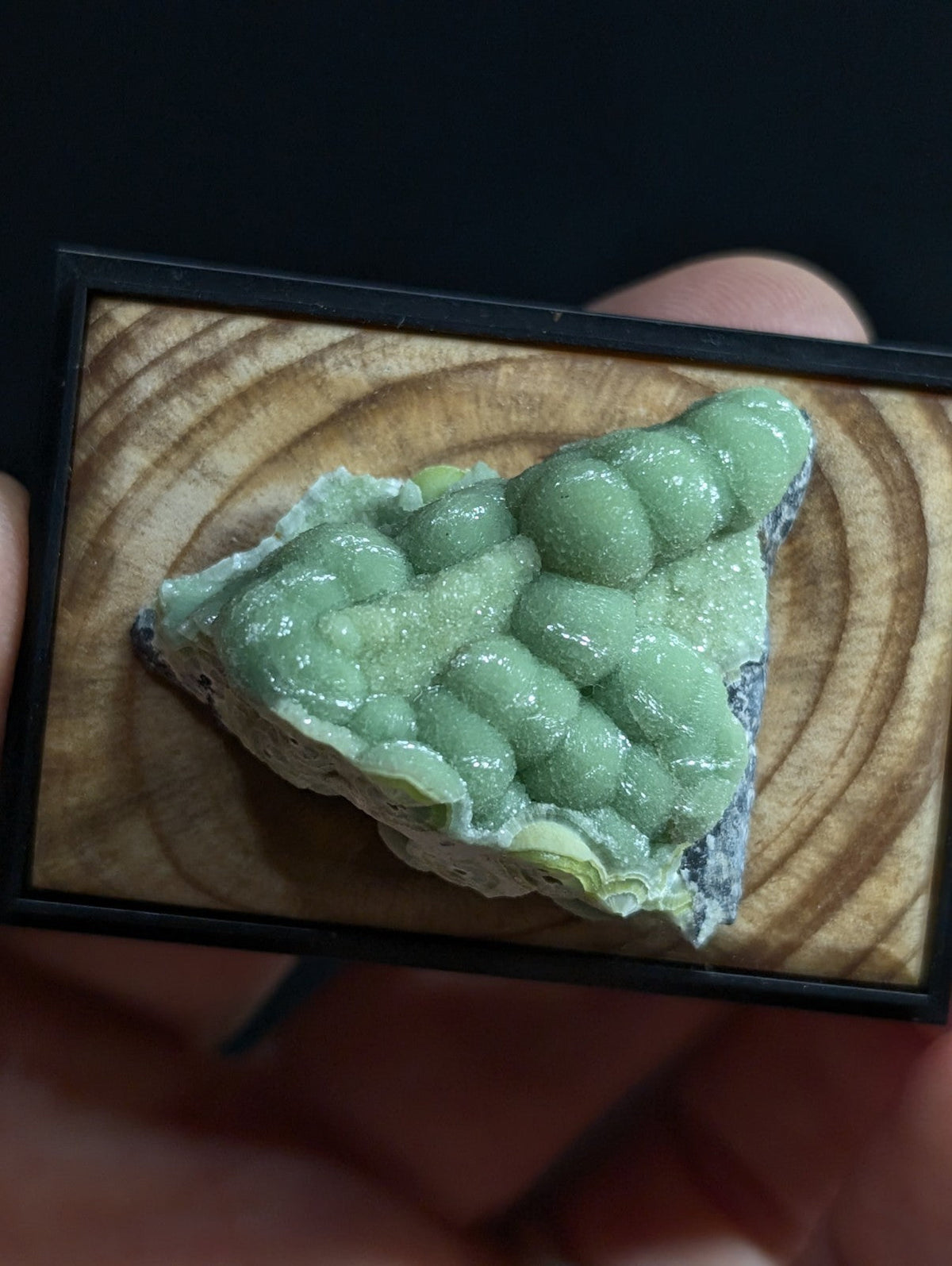 A framed green mineral specimen with a textured, bubbly surface and earthy base.