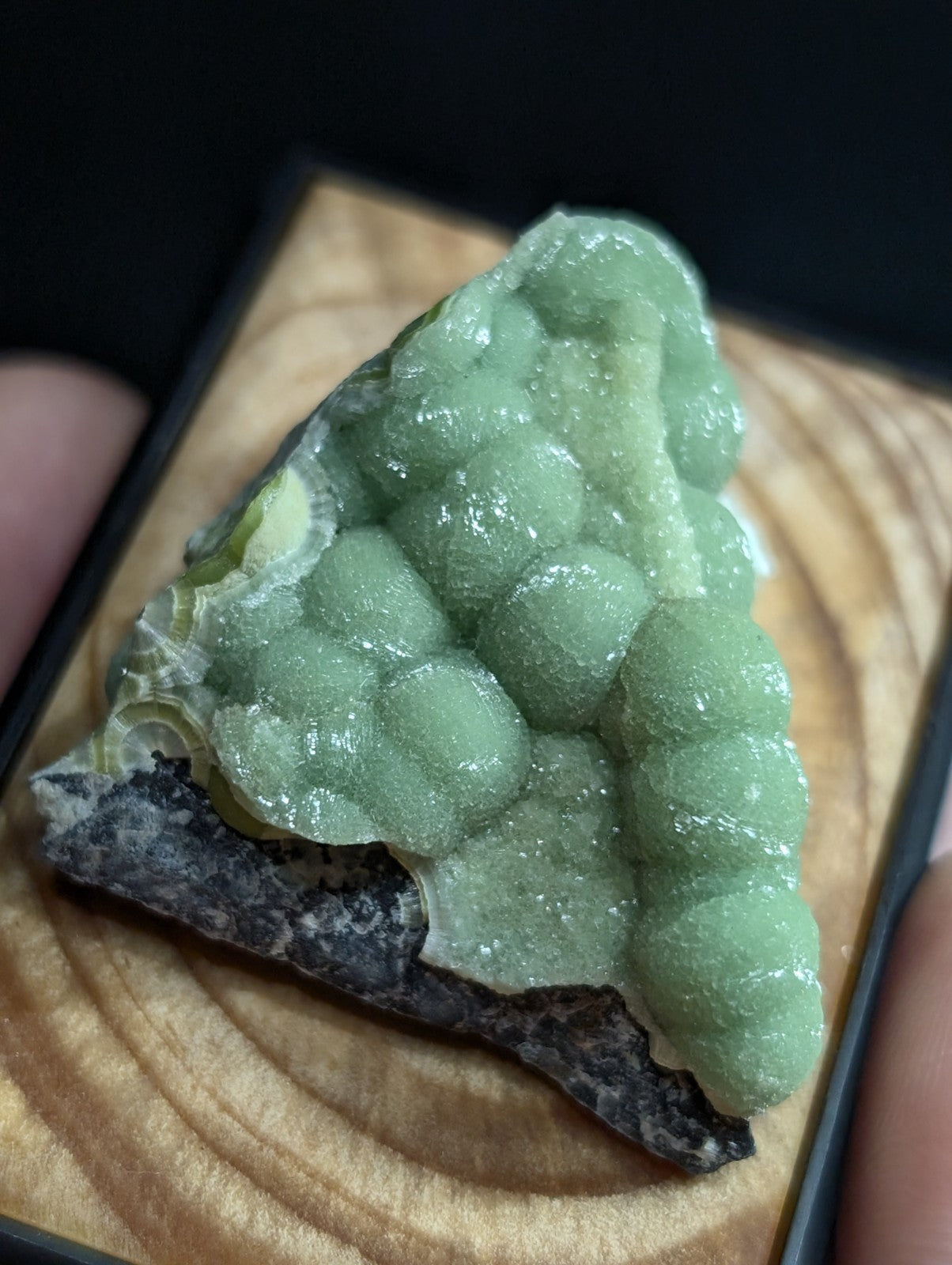 A translucent green, bubble-like mineral specimen with a crystalline texture and dark matrix base.