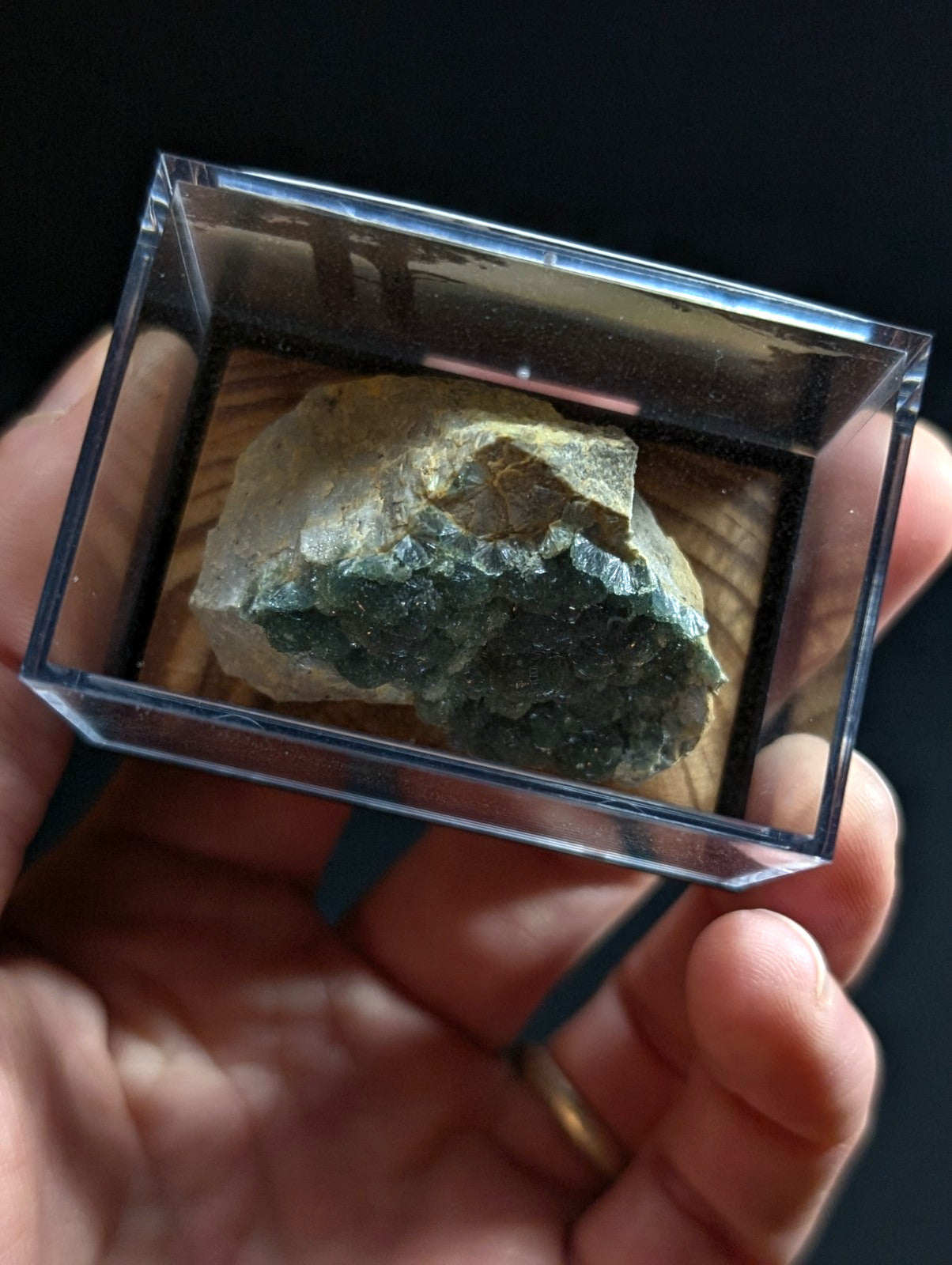 A green and beige mineral specimen displayed in a clear acrylic display case.