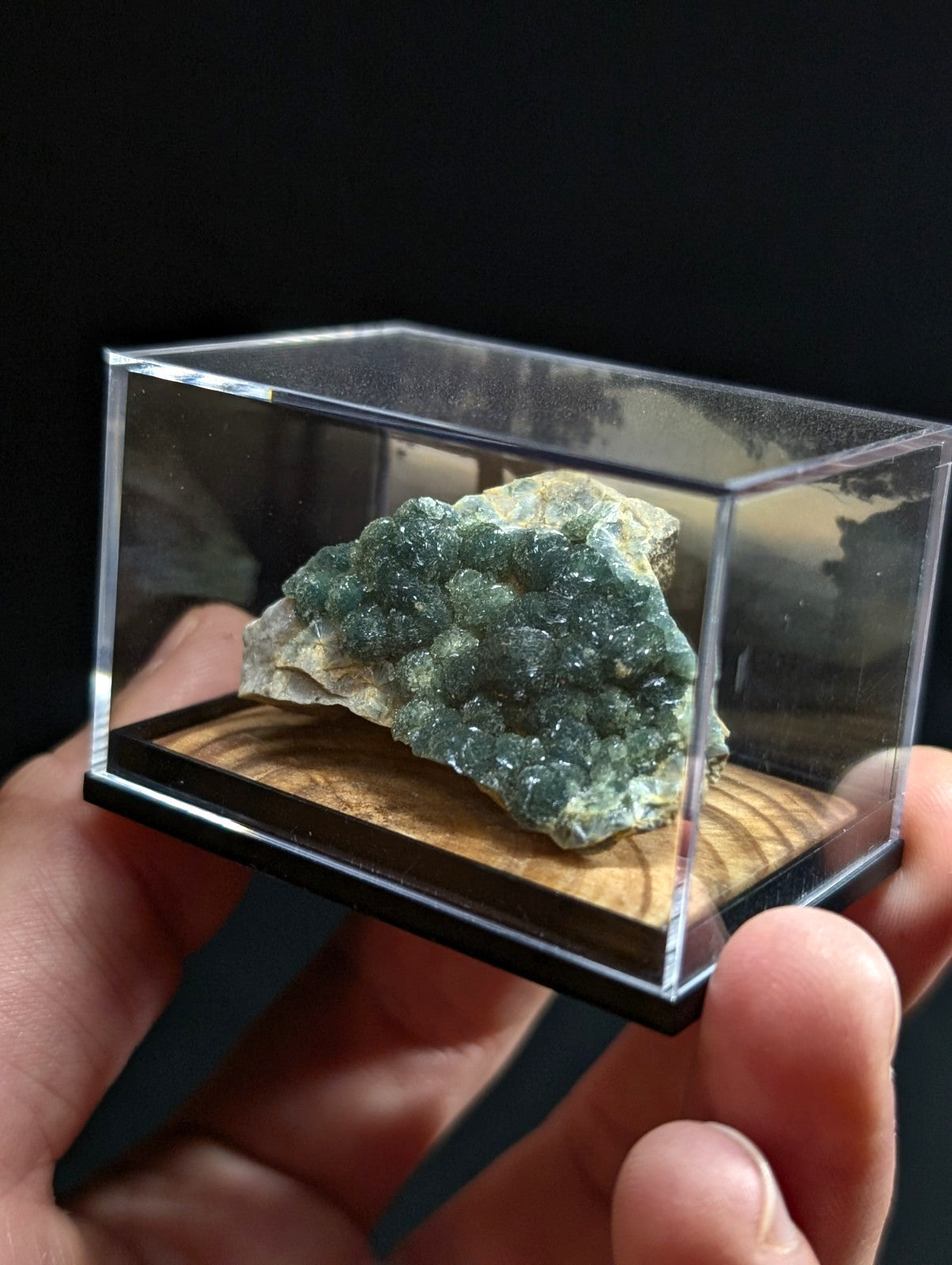 A green, crystalline mineral specimen with a textured surface and earthy base, displayed in a clear acrylic display case.