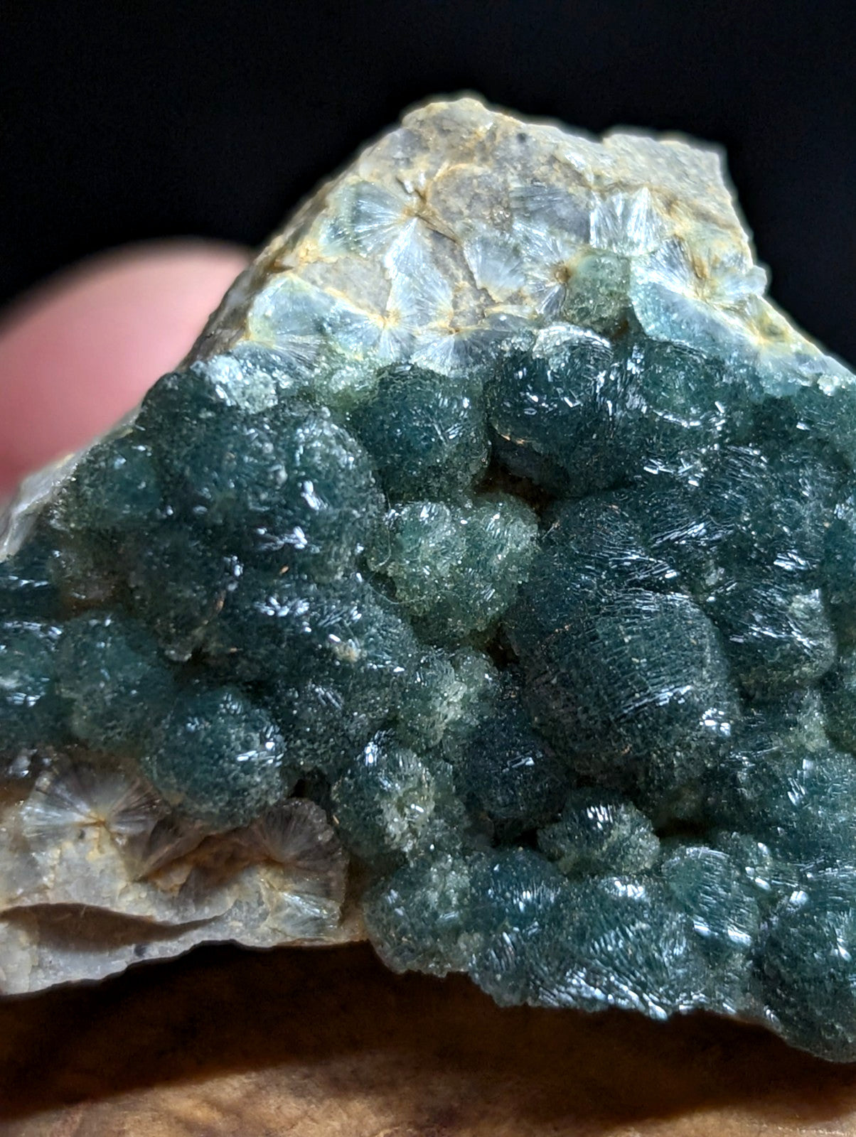 A cluster of deep teal, translucent crystal formations growing from a rough, light-colored rock matrix.