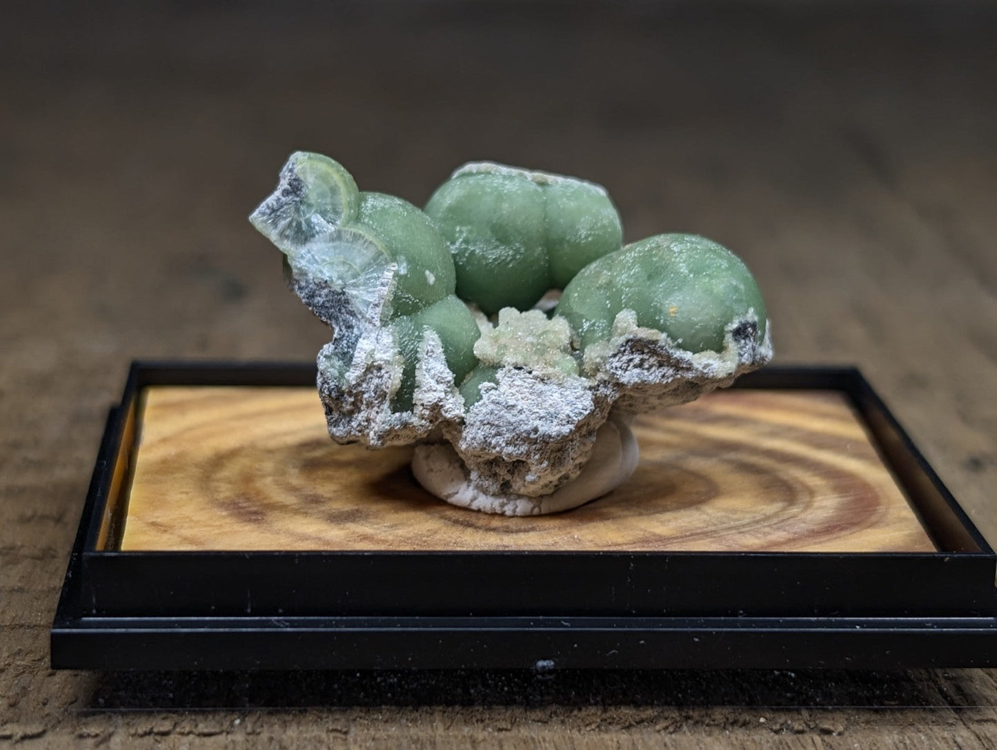 A polished green mineral specimen with rounded, clustered formations and a white crystalline matrix displayed on a wooden base.