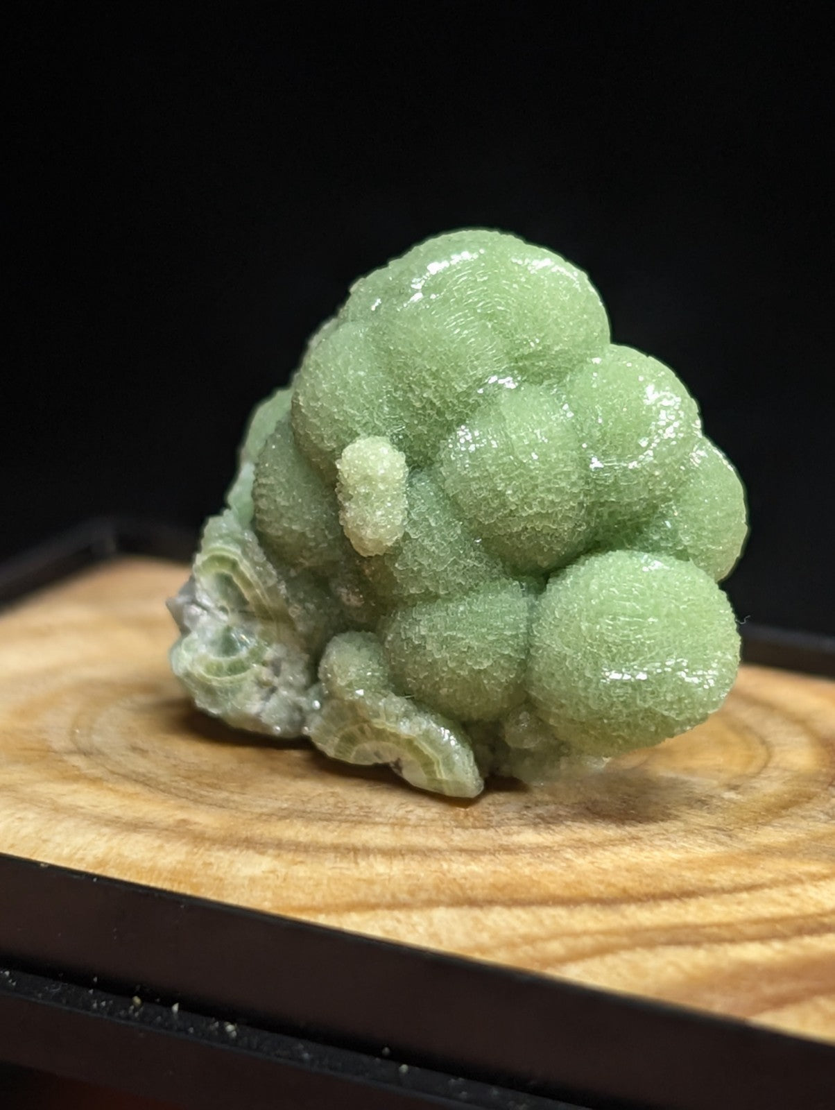 A translucent green, bubble-like mineral specimen with a textured surface and rounded formations.
