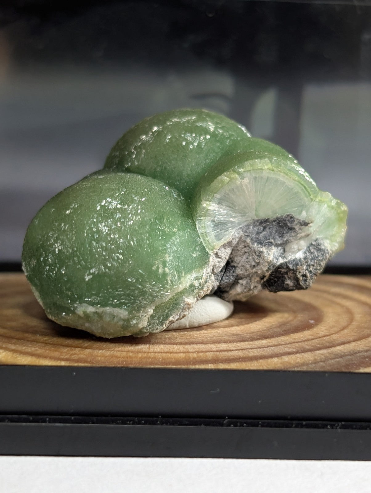 A translucent green mineral specimen with a smooth, rounded form and a partially cut section revealing internal crystalline structure.