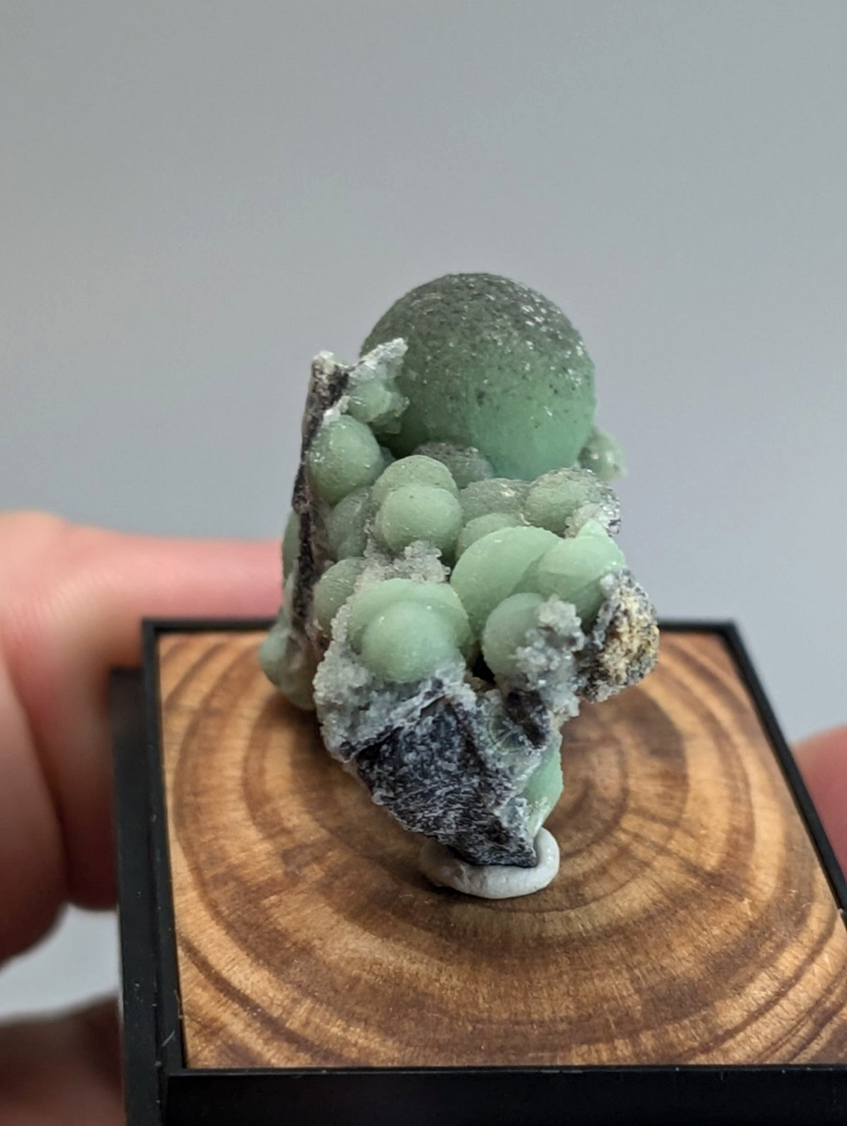 A delicate green chrysocolla mineral specimen with rounded, bead-like formations and a speckled surface, displayed on a wooden base.