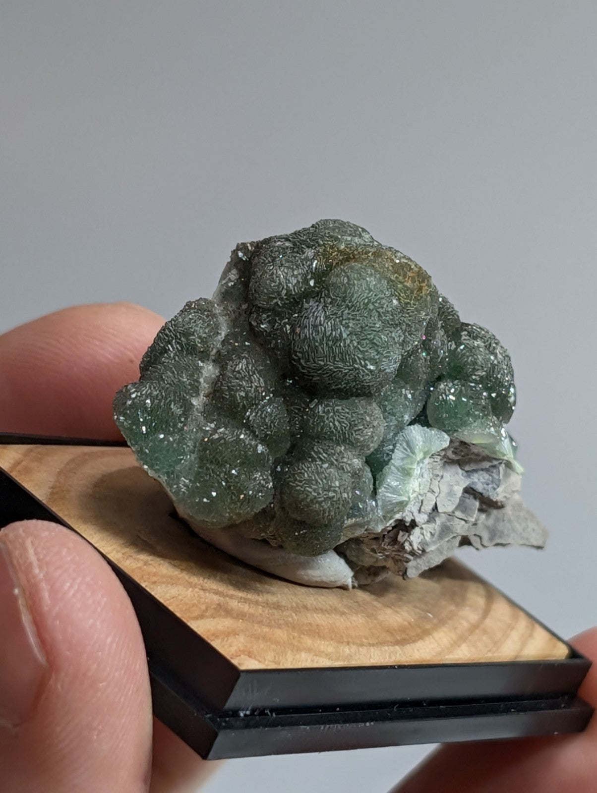 A green, bumpy mineral specimen with a translucent quality and speckled surface.