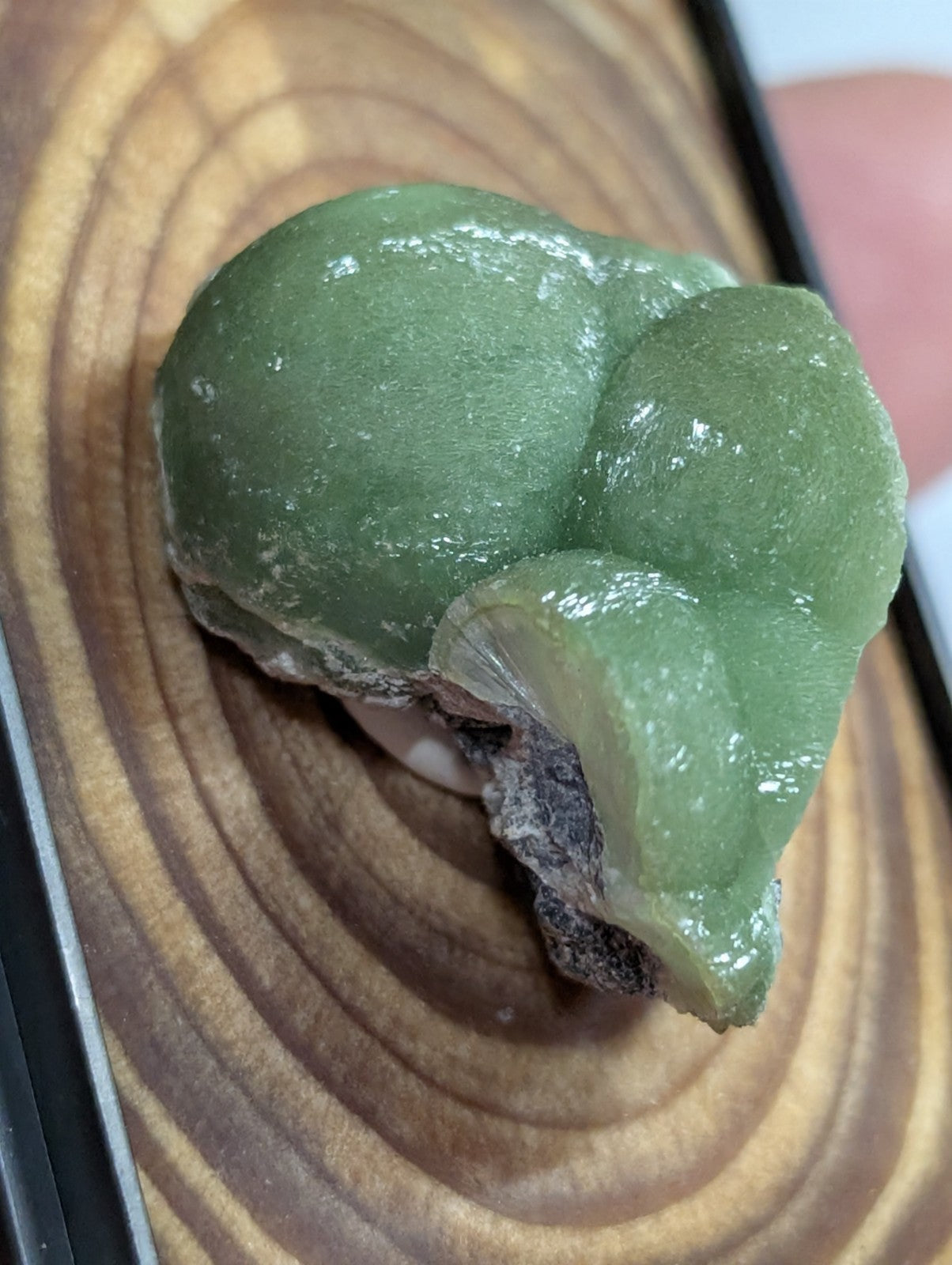 A smooth, translucent green stone with a glossy finish and natural contours.