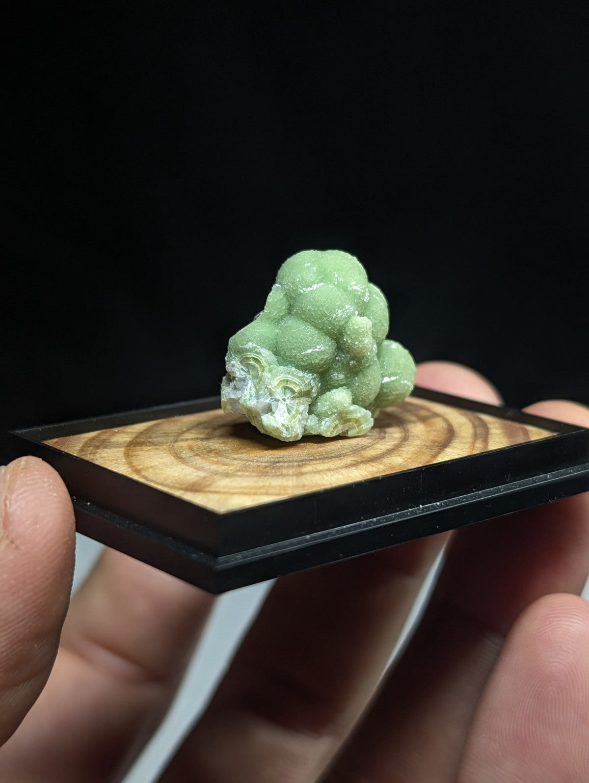 A pale green, naturally formed mineral specimen with a textured, rounded surface sits on a wooden display base.