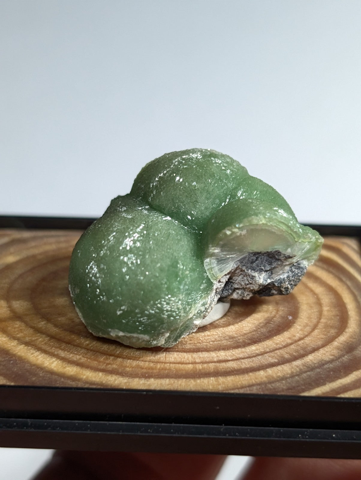 A translucent green mineral specimen with a smooth, rounded form and visible internal crystalline structure.