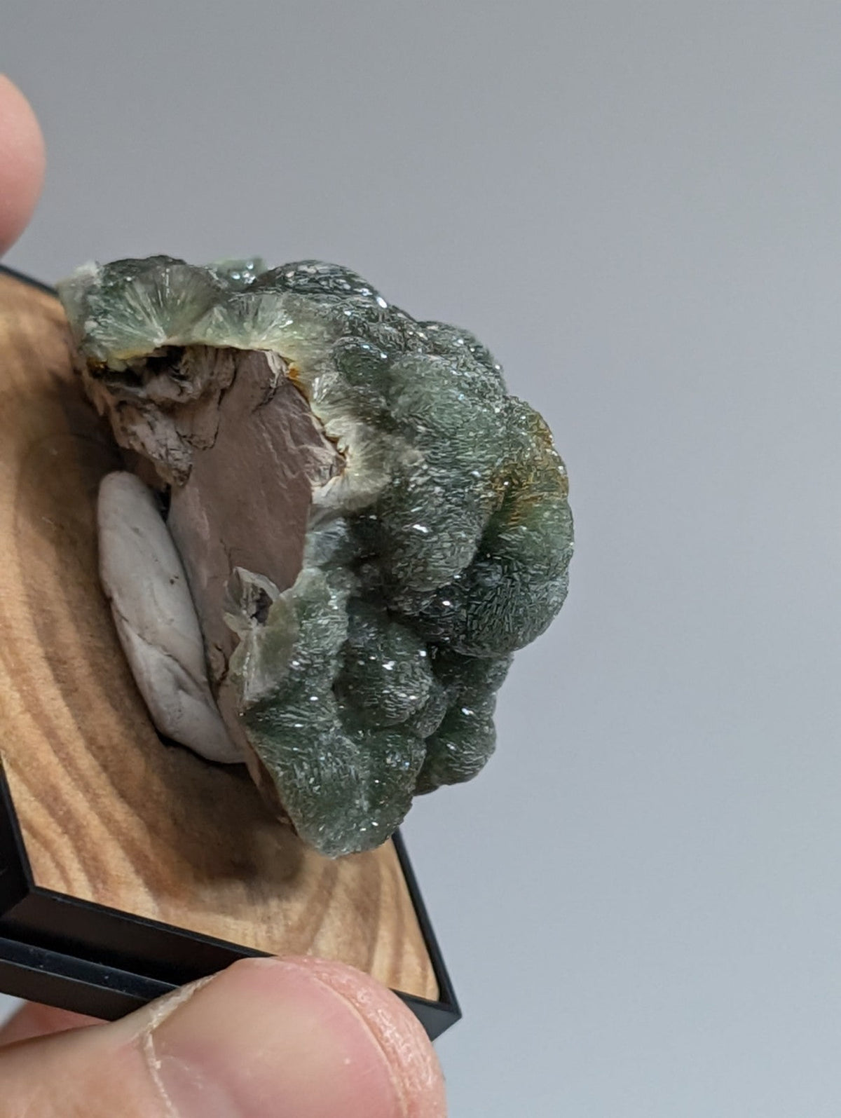 A textured, translucent green mineral specimen with a crystalline structure and subtle brownish undertones.