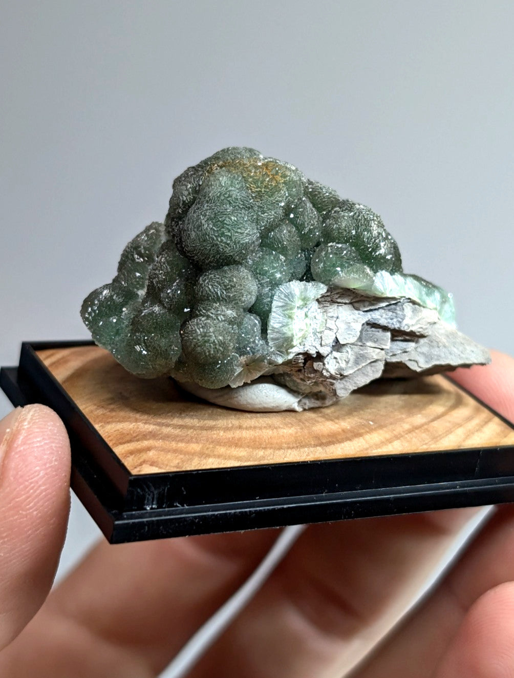 A translucent green fluorite geode with a clustered, bubble-like formation and subtle golden highlights.