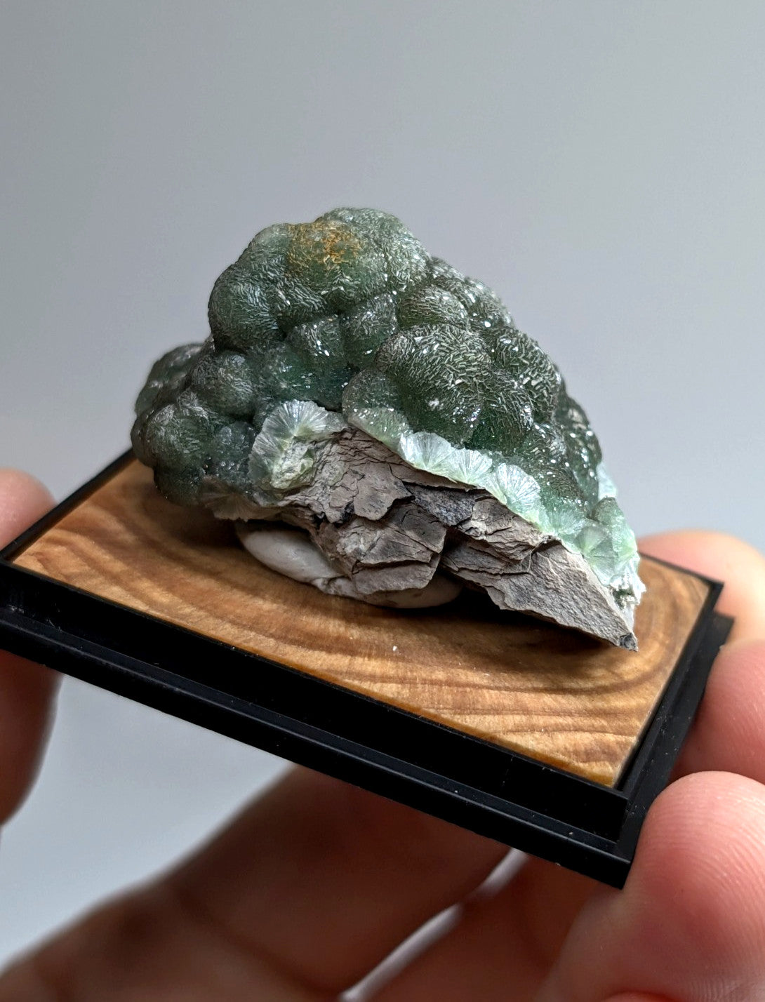 A translucent green mineral specimen with a bumpy, clustered texture and subtle white veining is displayed on a wooden base within a black frame.