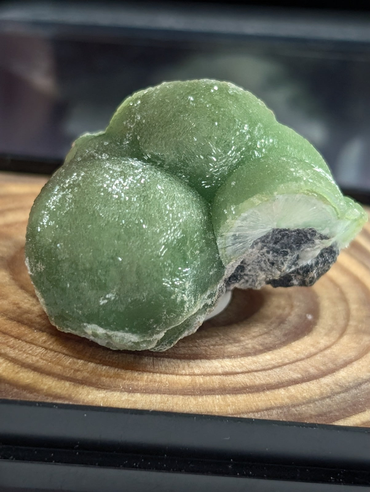 A smooth, translucent green mineral specimen with a glossy surface and a dark interior cavity.