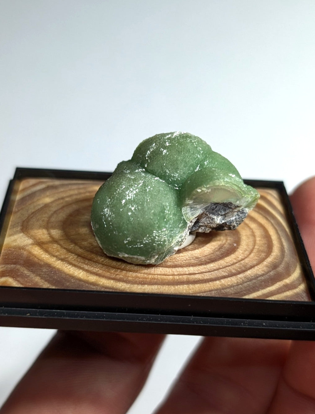 A smooth, translucent green mineral specimen with a rounded, clustered form and subtle white veining.