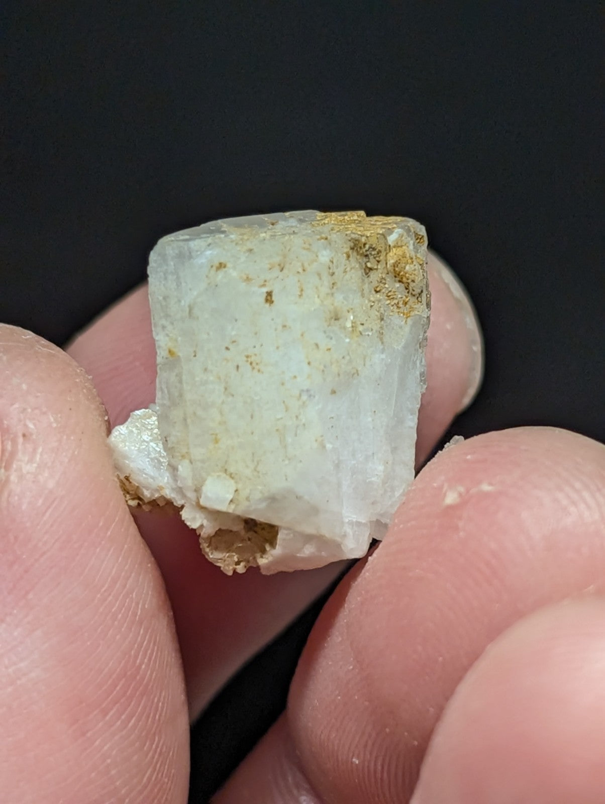 A translucent white quartz crystal with golden mineral inclusions, held gently between fingers.