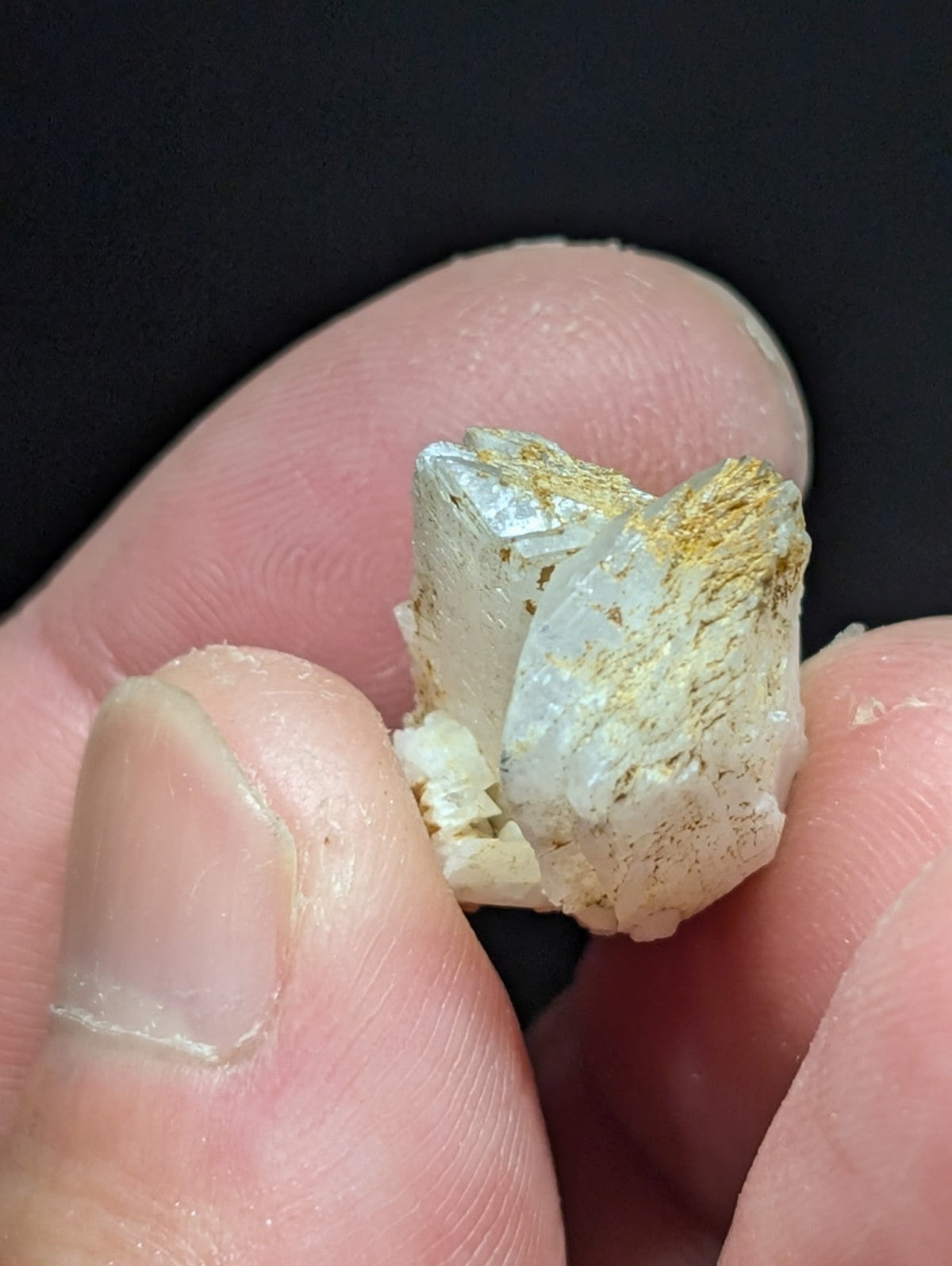 A translucent white quartz crystal with golden mineral inclusions, held delicately between fingers.