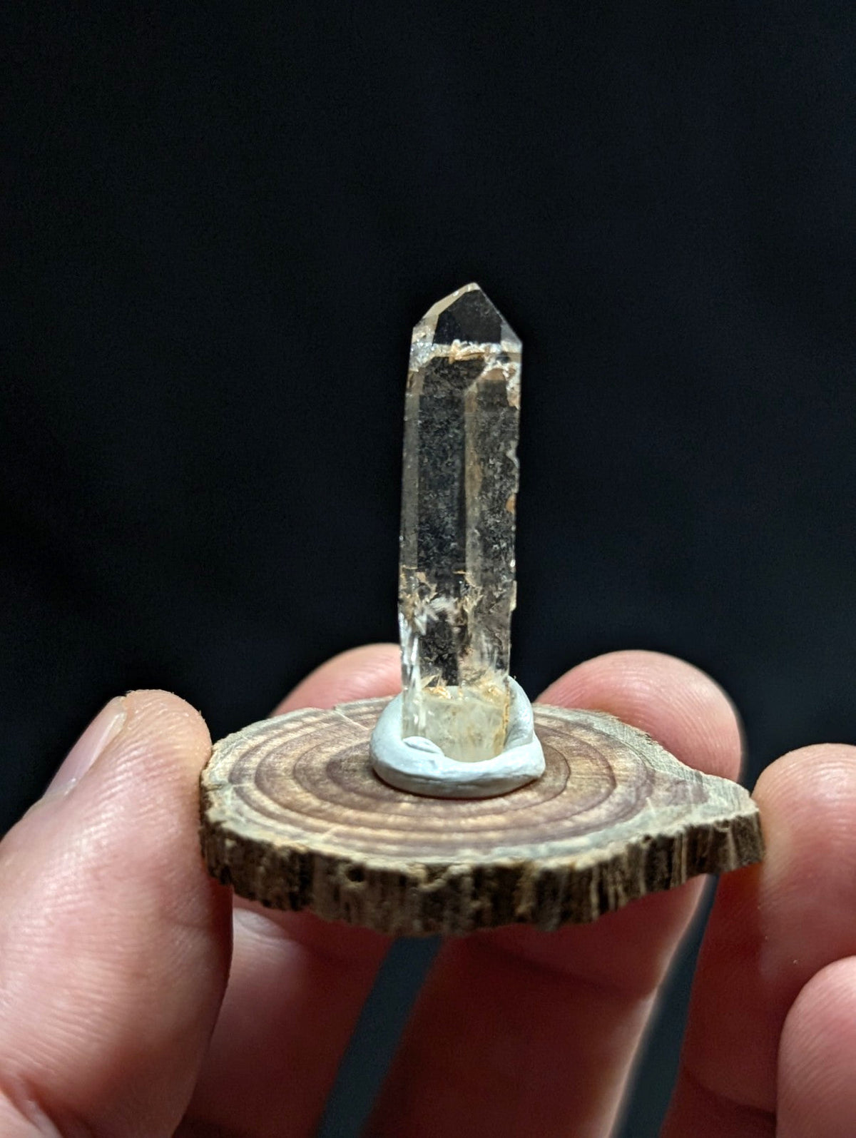 A clear quartz crystal with a pointed tip, mounted on a circular wooden slice base.
