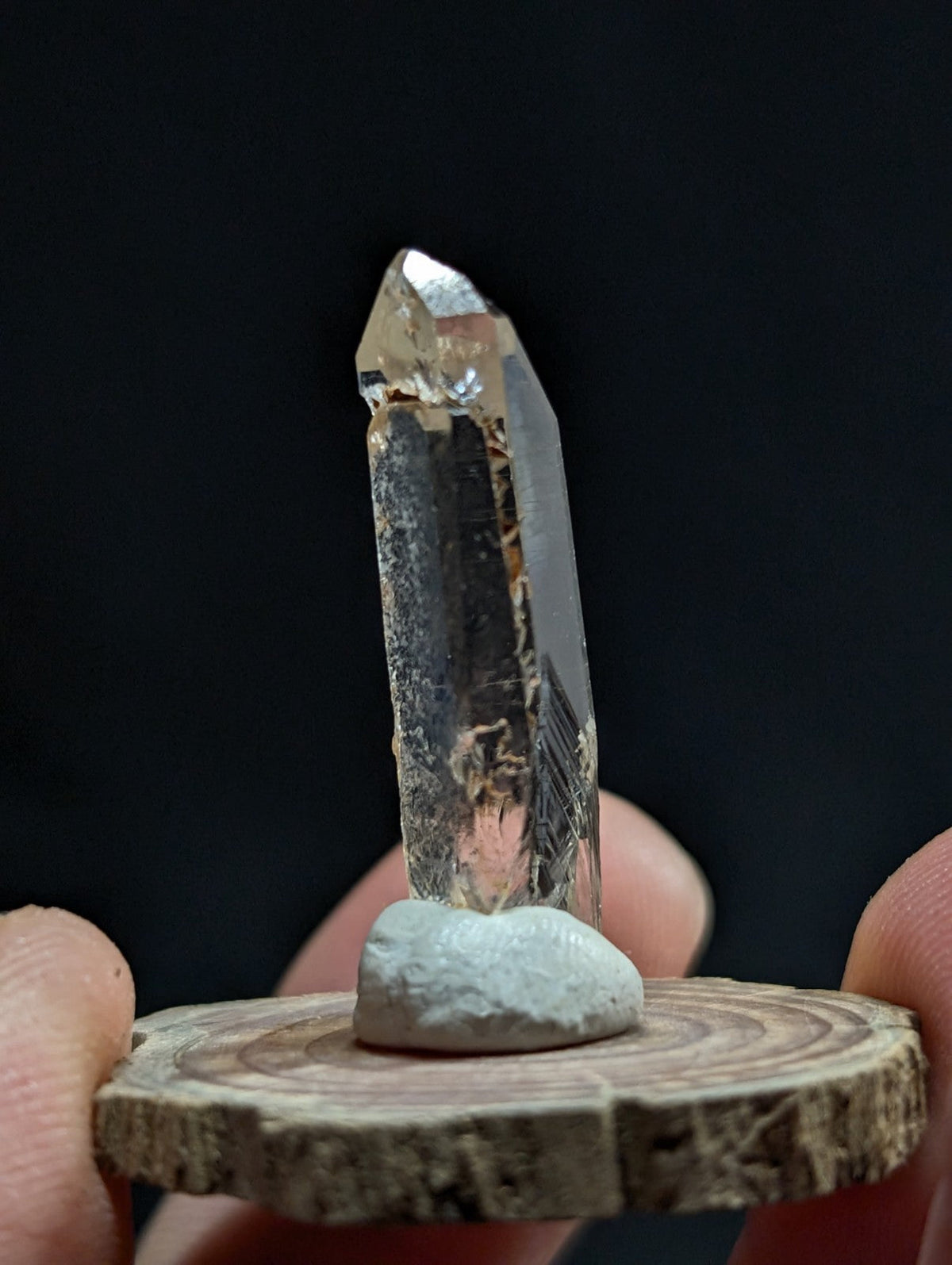 A clear quartz crystal with a pointed tip and visible internal inclusions, mounted on a small gray rock base that sits atop a circular wooden slice.