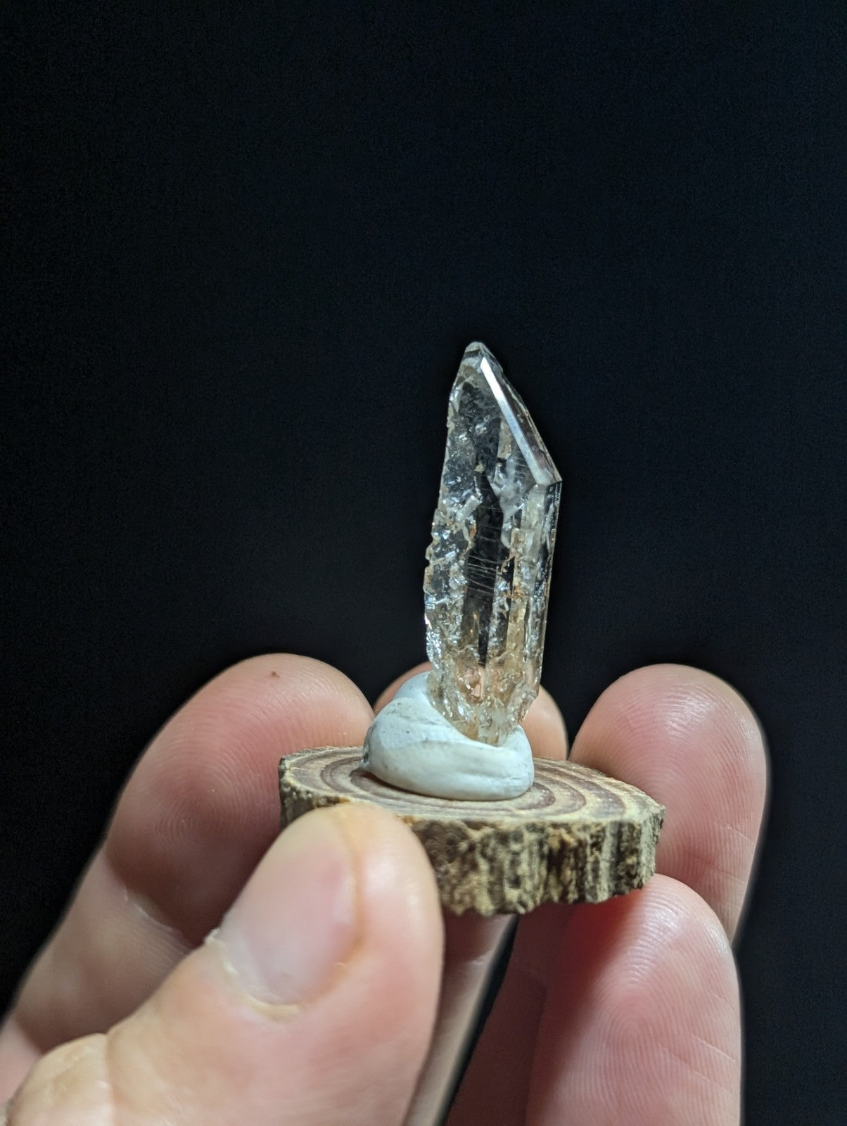 A clear, faceted quartz crystal stands upright on a small wooden slice base.