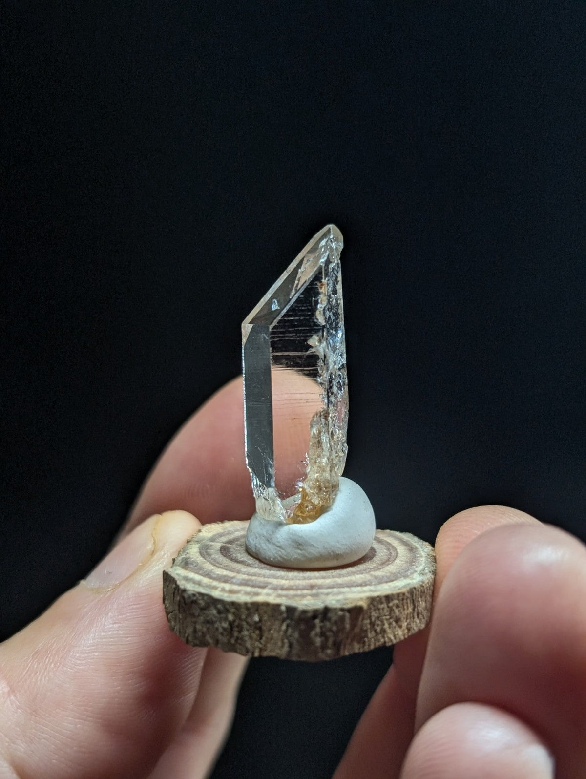 A clear, transparent quartz crystal with a faceted top and rough base stands upright on a small wooden slice.