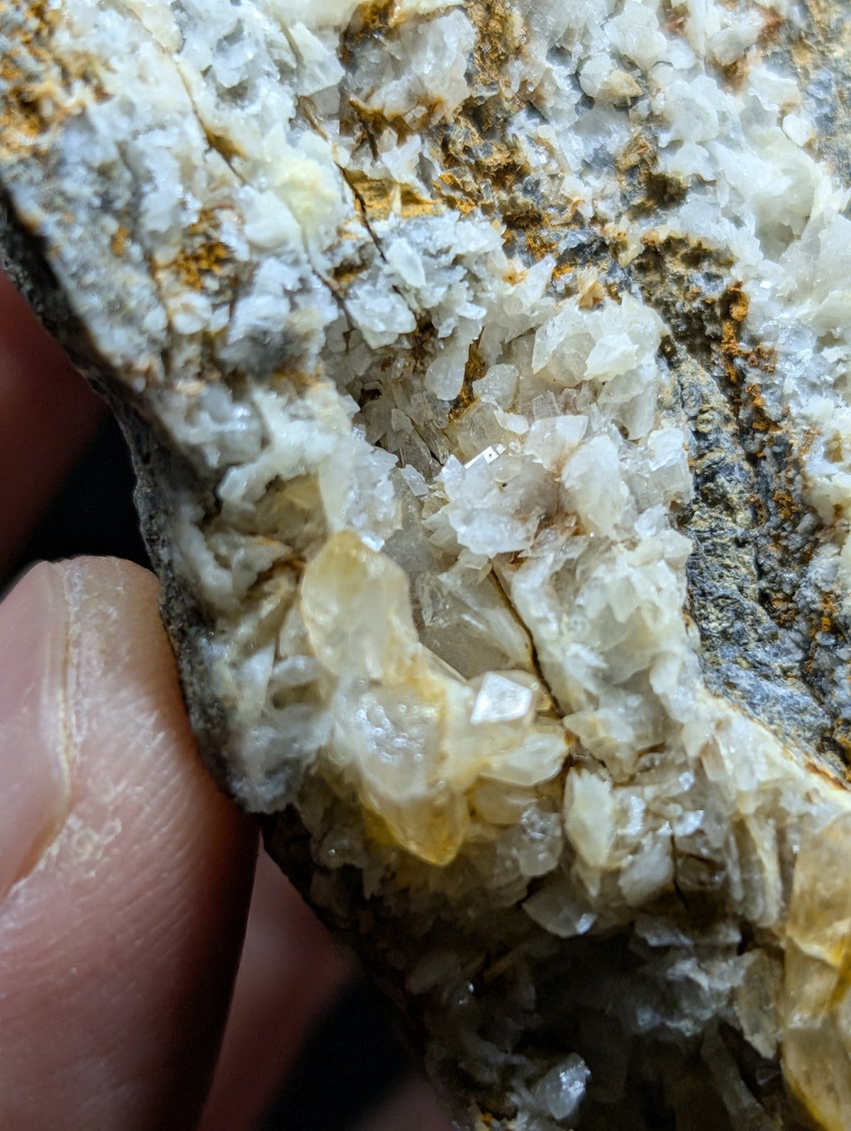 A cluster of translucent, crystalline minerals with a mix of white and pale yellow hues growing from a dark gray rock matrix.