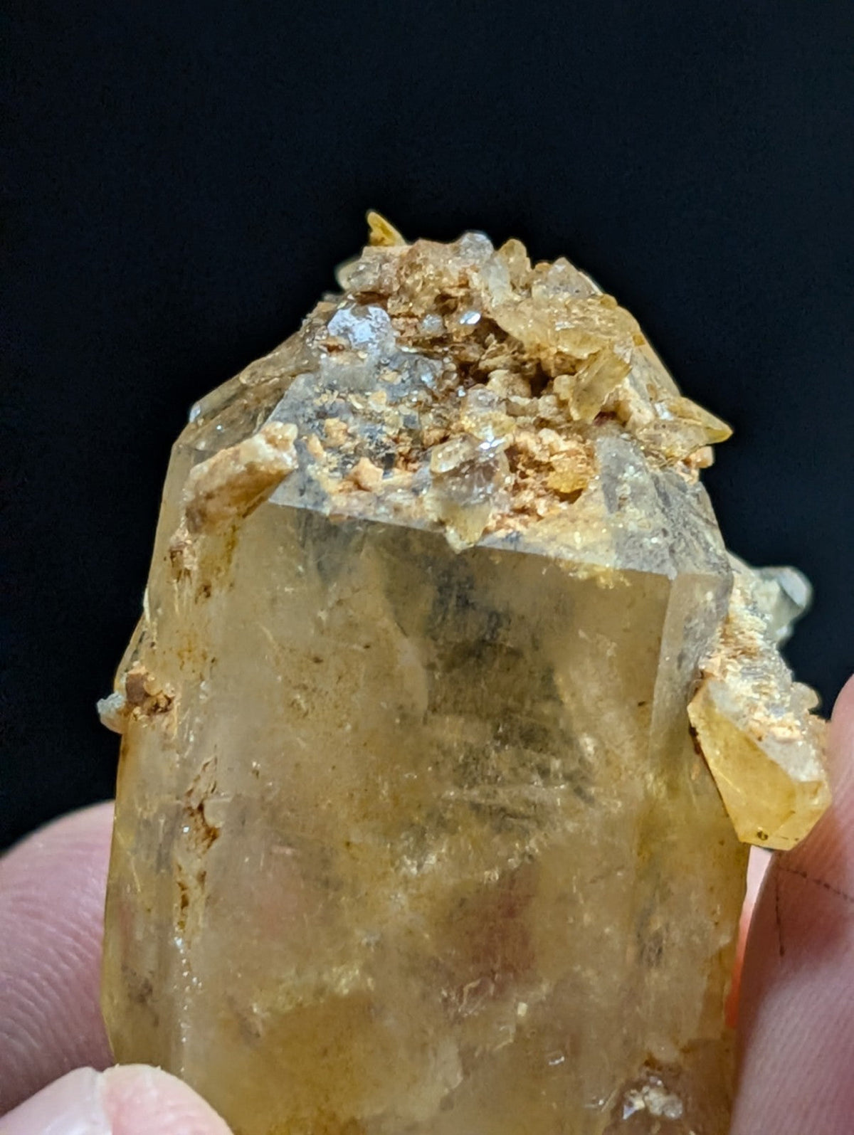 A translucent golden-yellow quartz crystal with a rough, earthy cap and visible internal inclusions.
