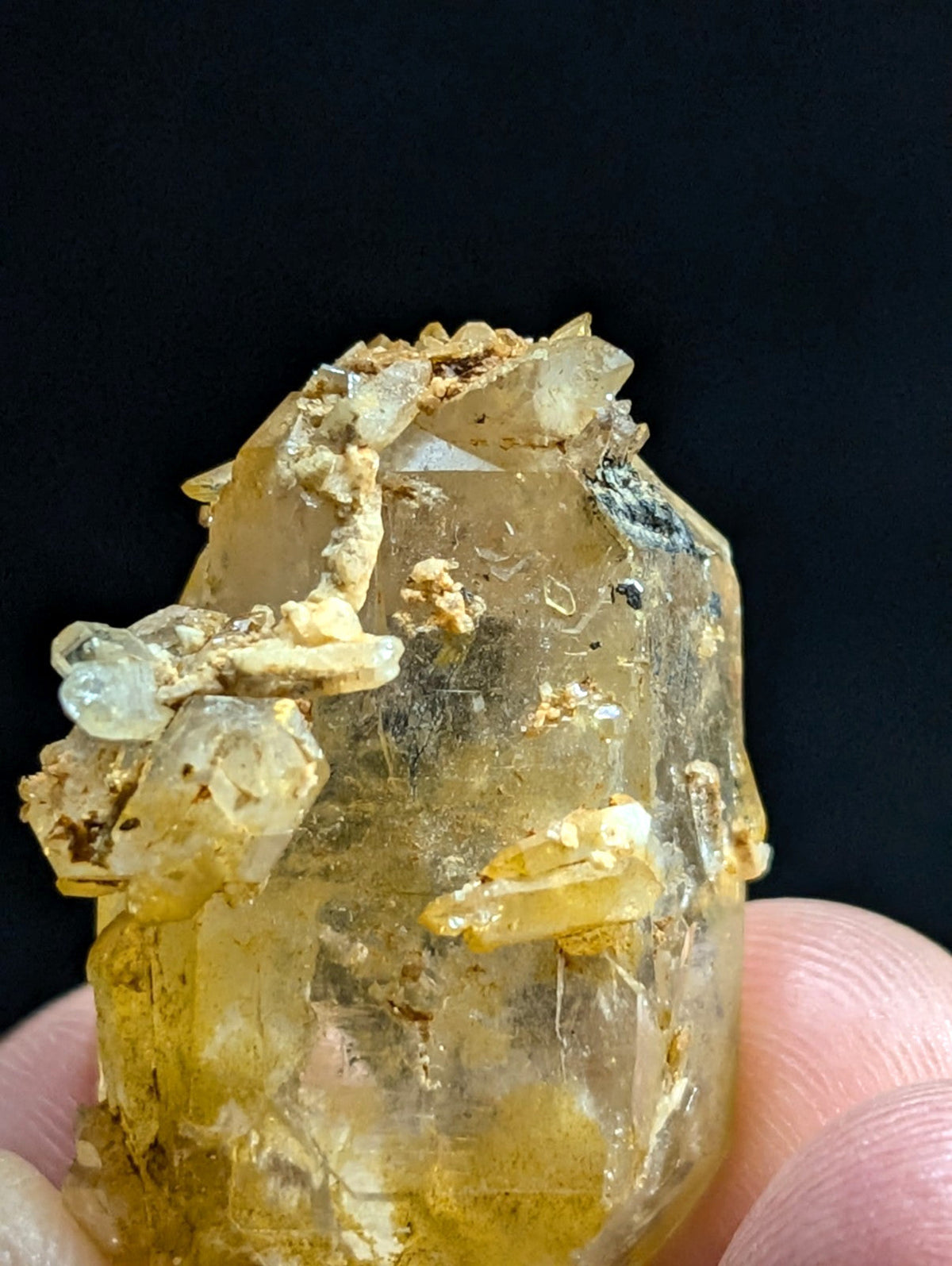 A translucent yellow crystal specimen with embedded smaller crystals and earthy matrix material.