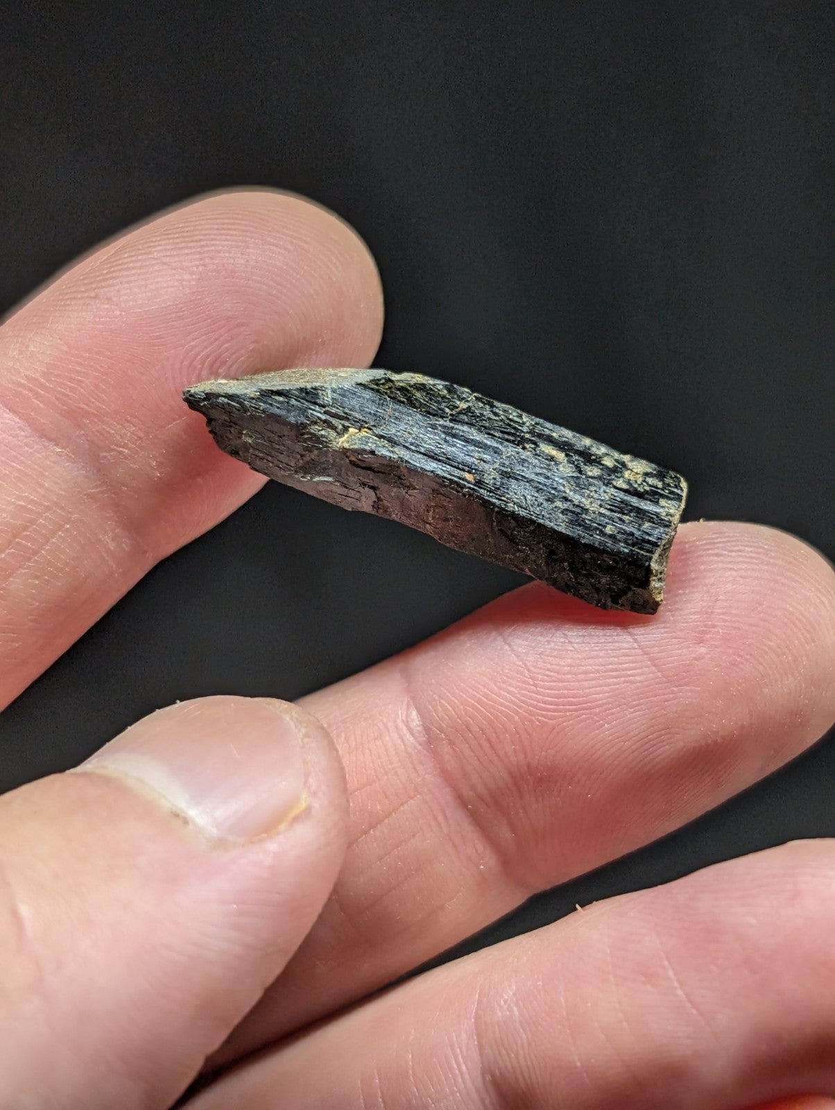 A dark, rough-textured mineral specimen with a layered, striated surface and subtle greenish hues.