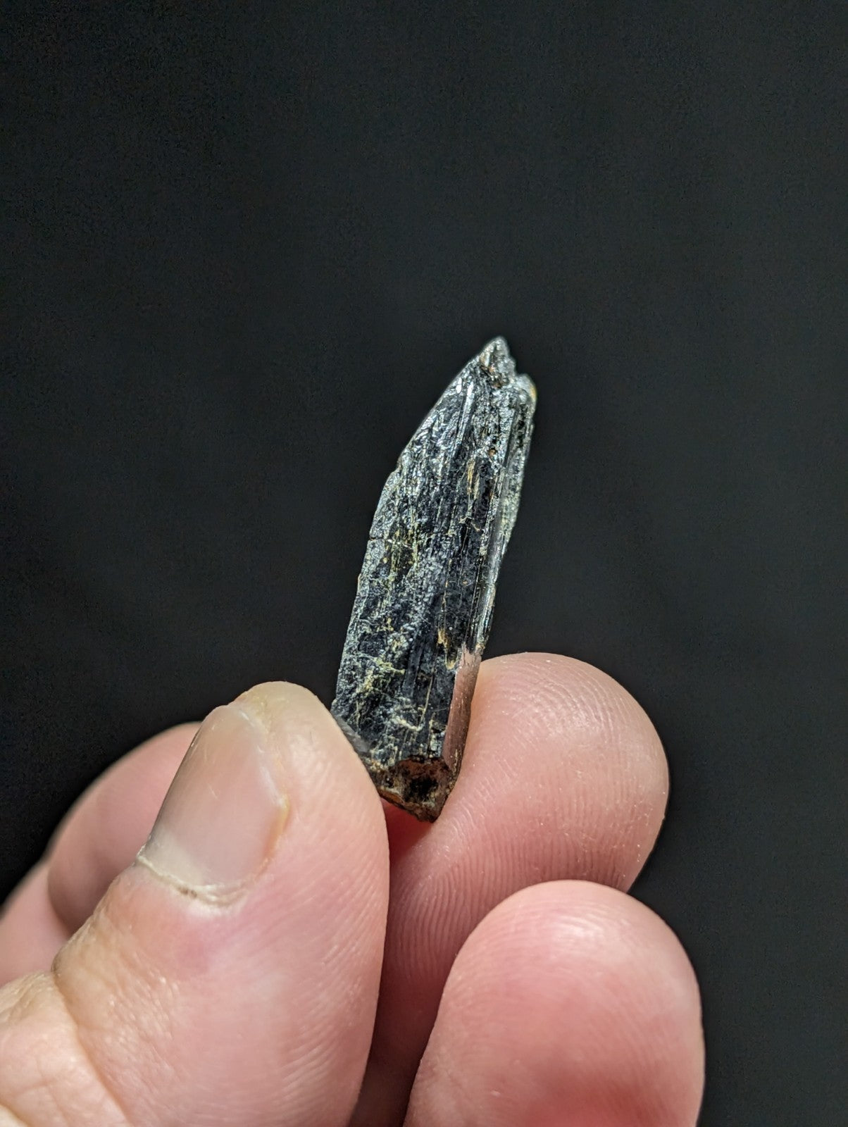 A dark gray, elongated mineral specimen with a pointed tip and visible striations.