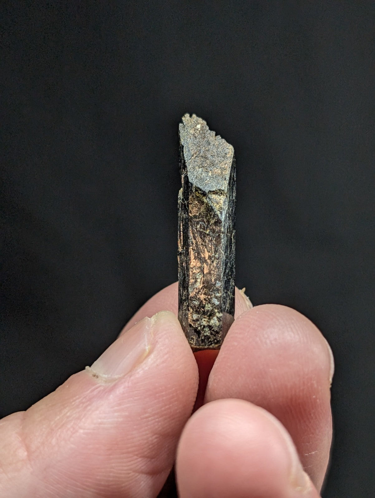 A dark, rough-textured mineral crystal with a jagged top and earthy tones.