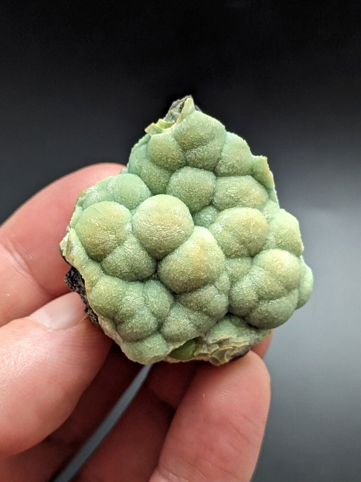 A pale green, bumpy mineral specimen with a textured surface held in someone’s hand.