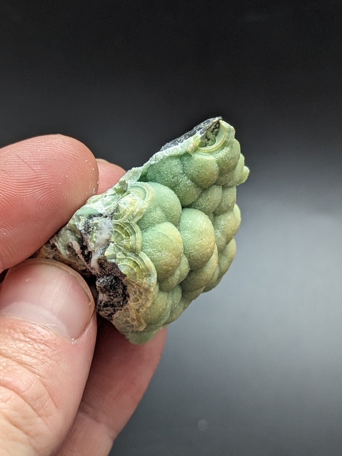 A hand holds a light green, textured mineral specimen with rounded, bubble-like formations and some darker patches.