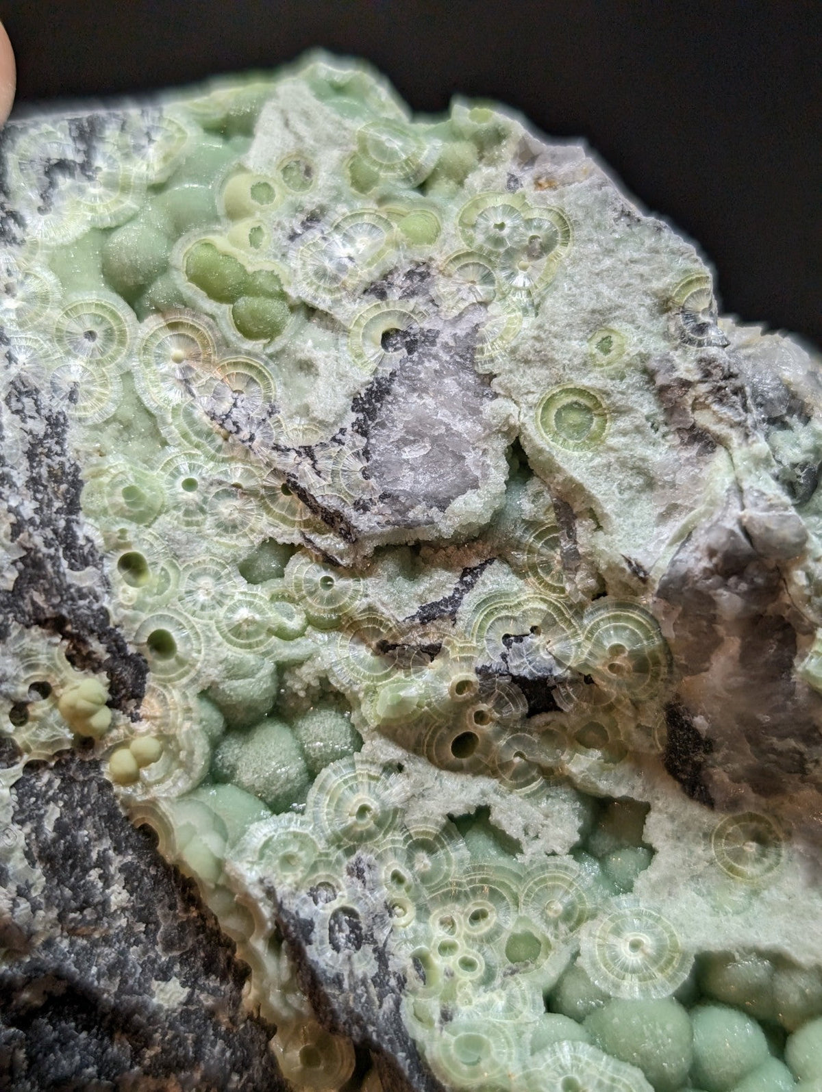 A green, translucent mineral specimen with intricate circular patterns and embedded spherical formations.