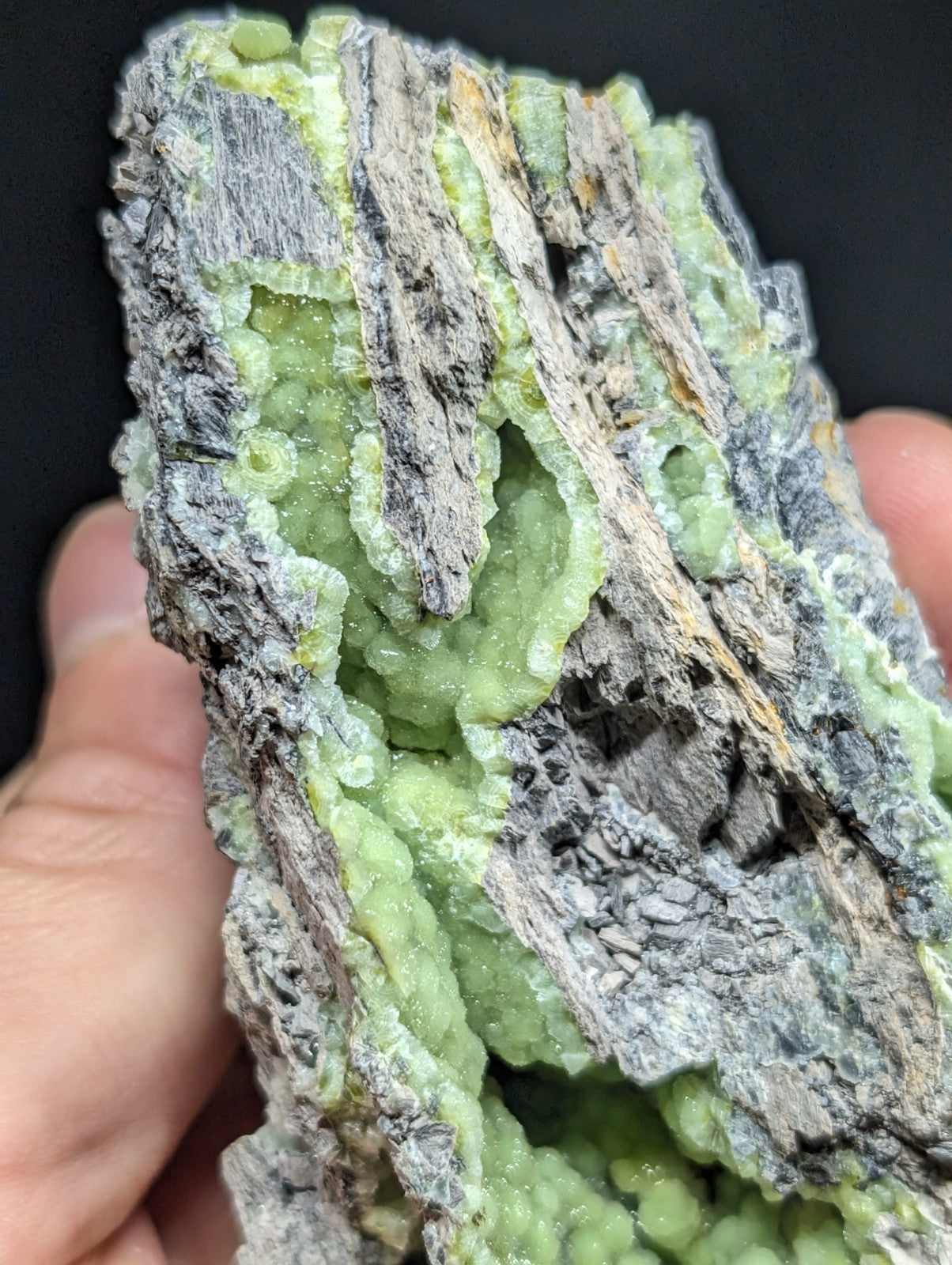 A striking green mineral specimen with a textured, crystalline surface and grayish matrix.