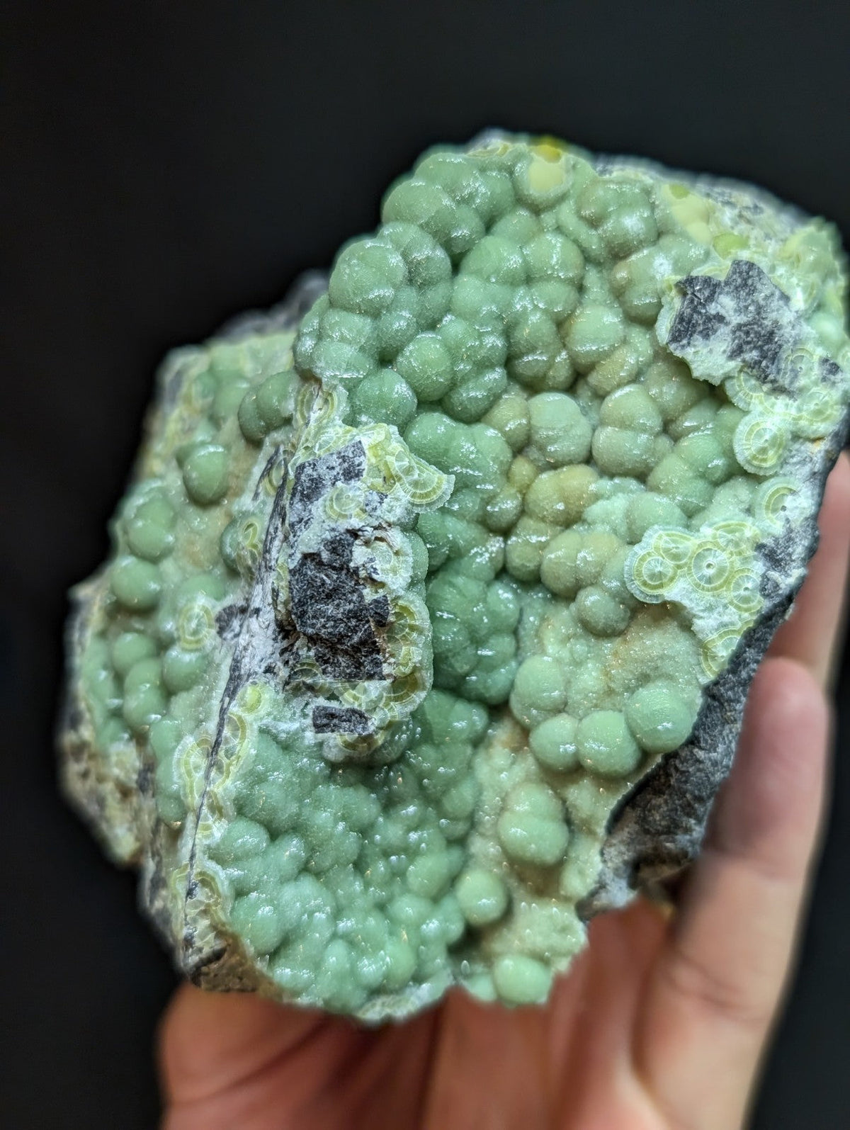 A hand holds a striking green, spherical mineral specimen with a textured surface and dark gray matrix.