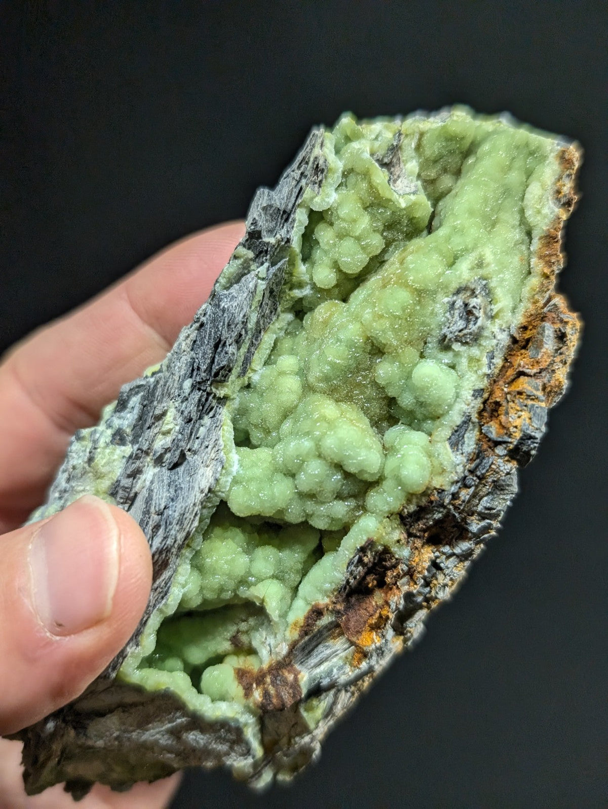 A hand holds a striking green malachite specimen with its characteristic bumpy, crystalline formations set against a dark, rugged matrix.