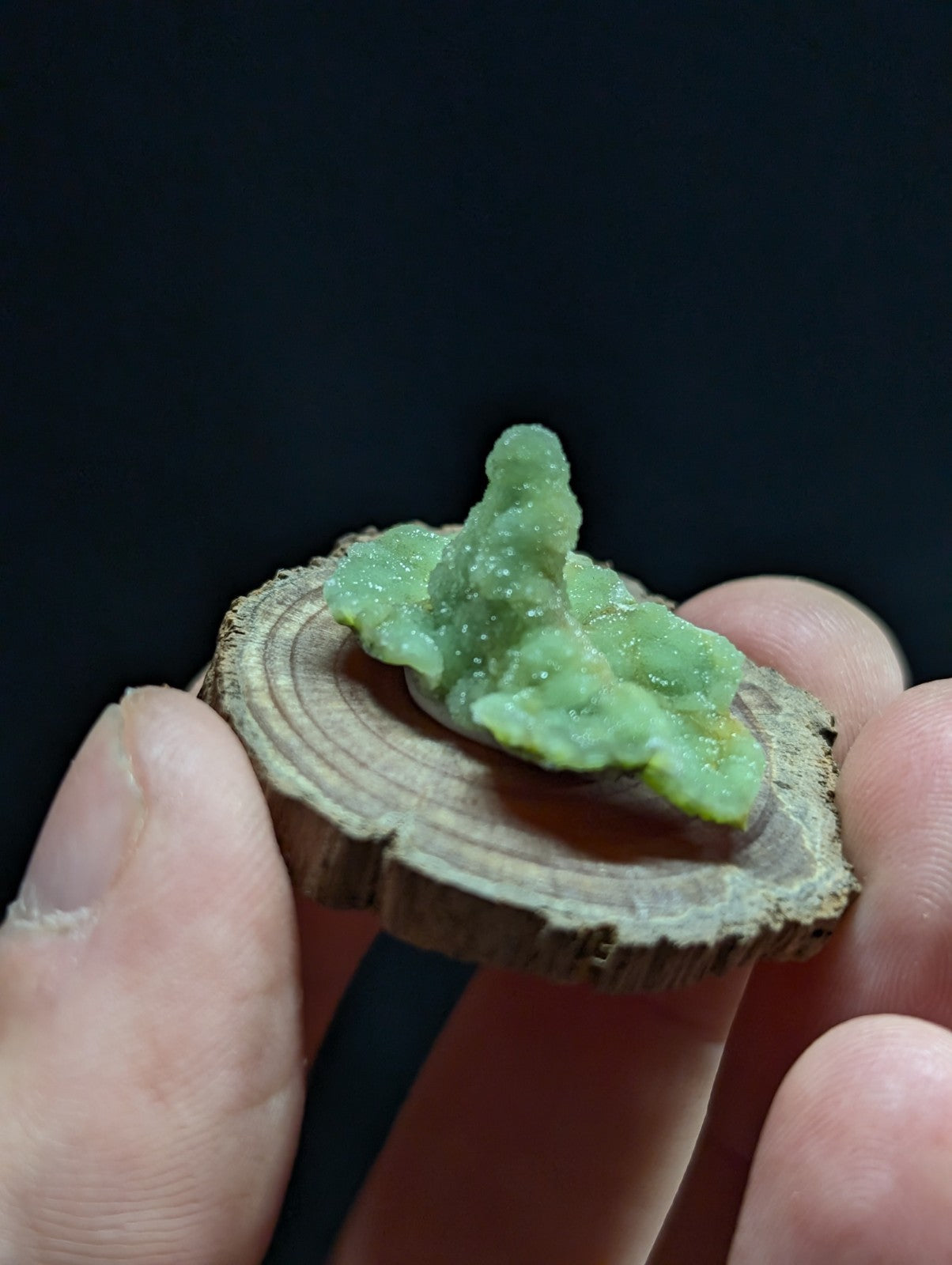A vibrant green, translucent mineral specimen with a crystalline, irregularly shaped form rests on a circular wooden slice.