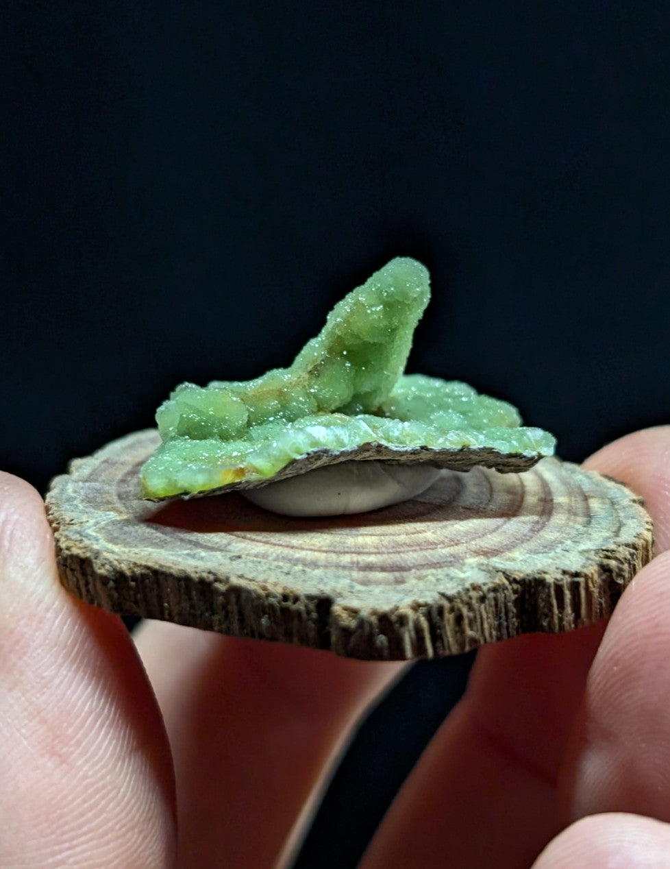 A vibrant green, crystalline mineral specimen with a rough, jagged surface rests atop a circular slice of wood.
