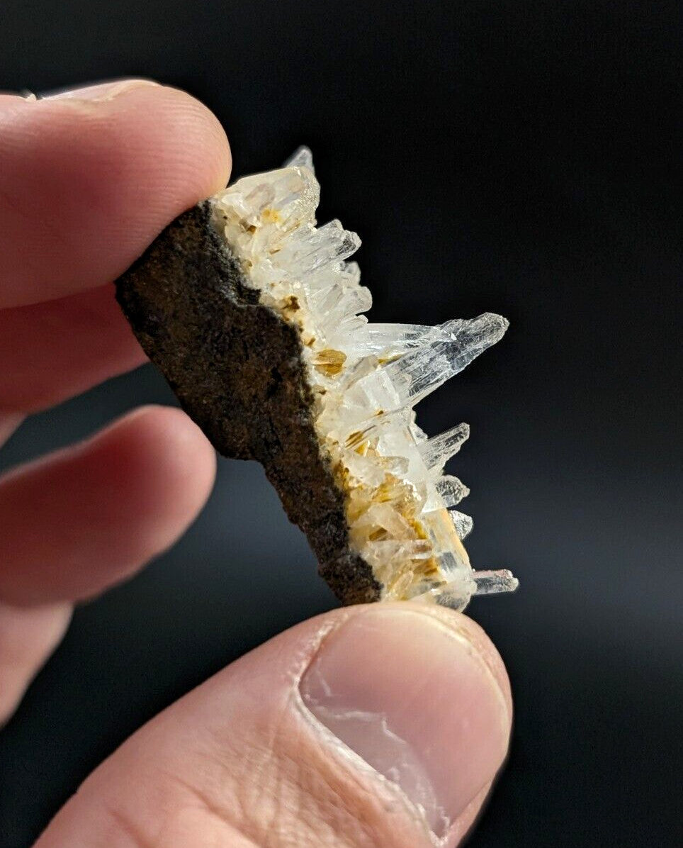 A translucent quartz crystal cluster with sharp, pointed formations emerging from a dark brown rock base.