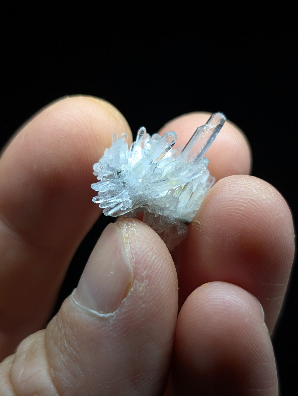 A delicate cluster of translucent, pale blue quartz crystals with sharp, interlocking facets.