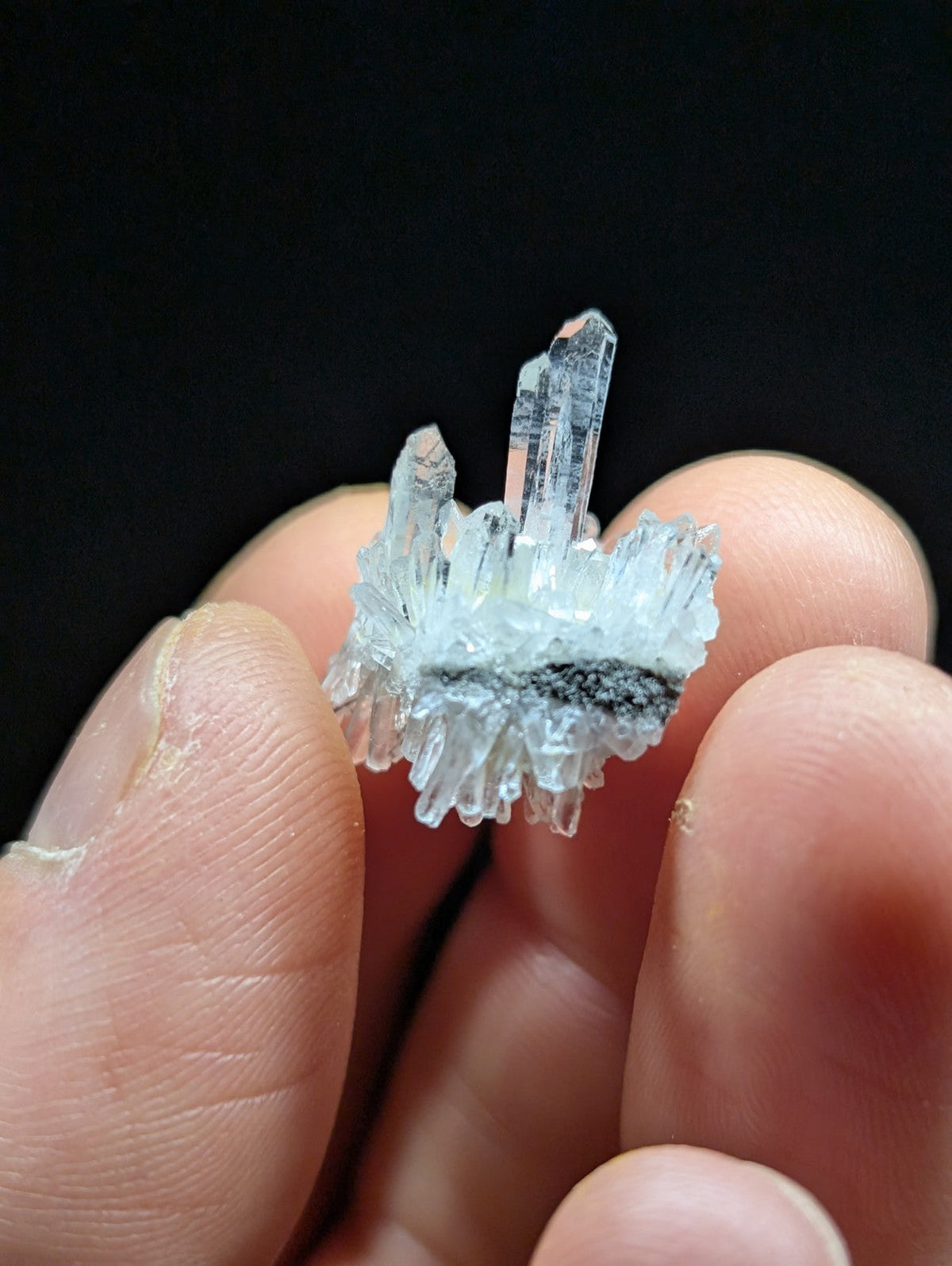 A translucent quartz crystal cluster with clear, pointed prisms and a frosted base.