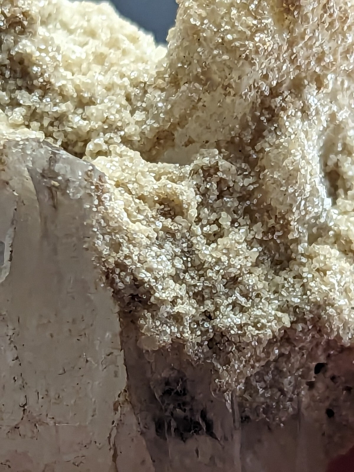 A textured, off-white mineral specimen with a crystalline, porous surface and subtle golden-brown veining.