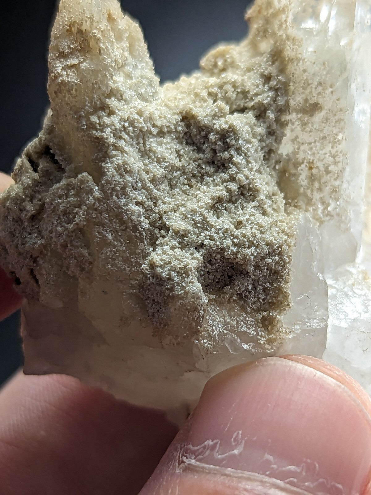 A translucent white quartz crystal formation with a textured, powdery gray mineral coating.