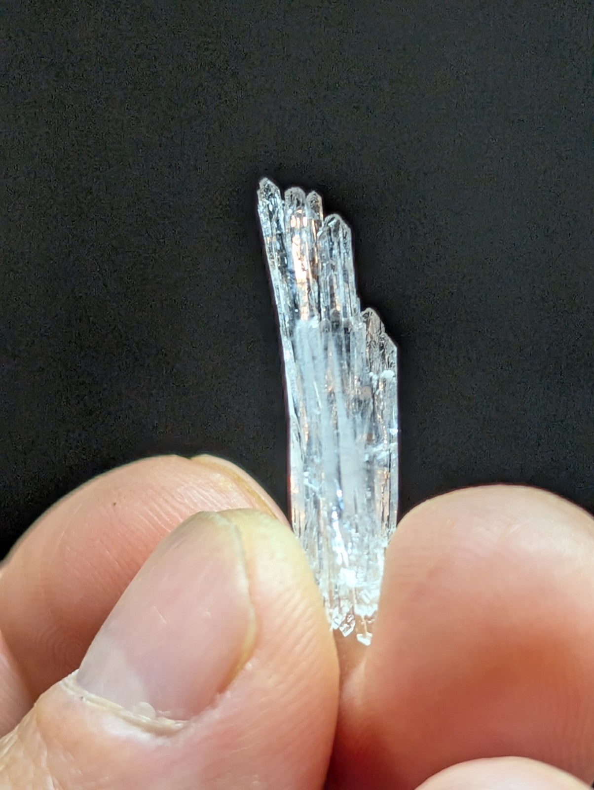 A translucent, clear crystal cluster with multiple pointed prisms held between fingers.