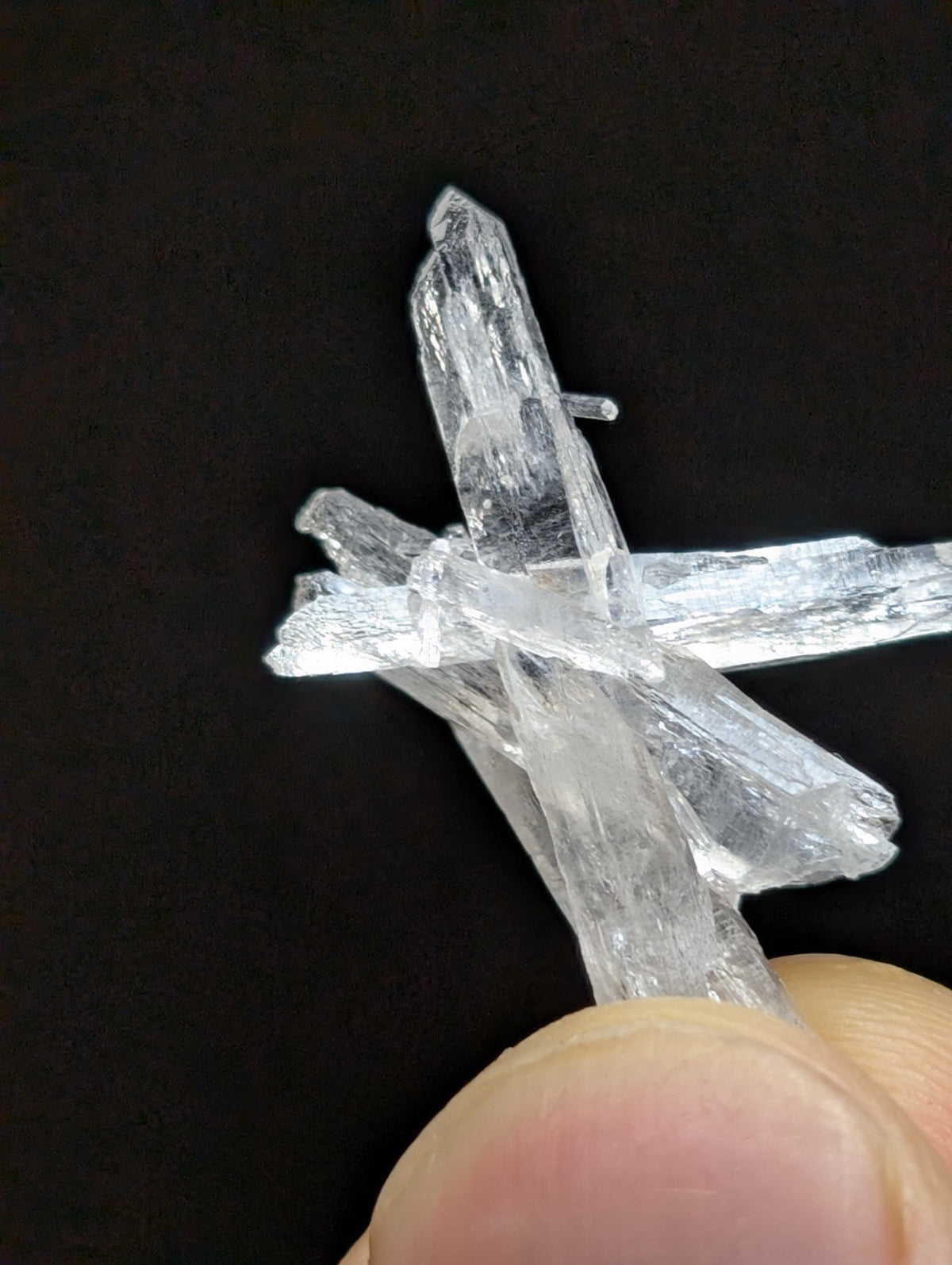 A cluster of clear, translucent quartz crystals with sharp, angular facets and a natural, irregular arrangement.