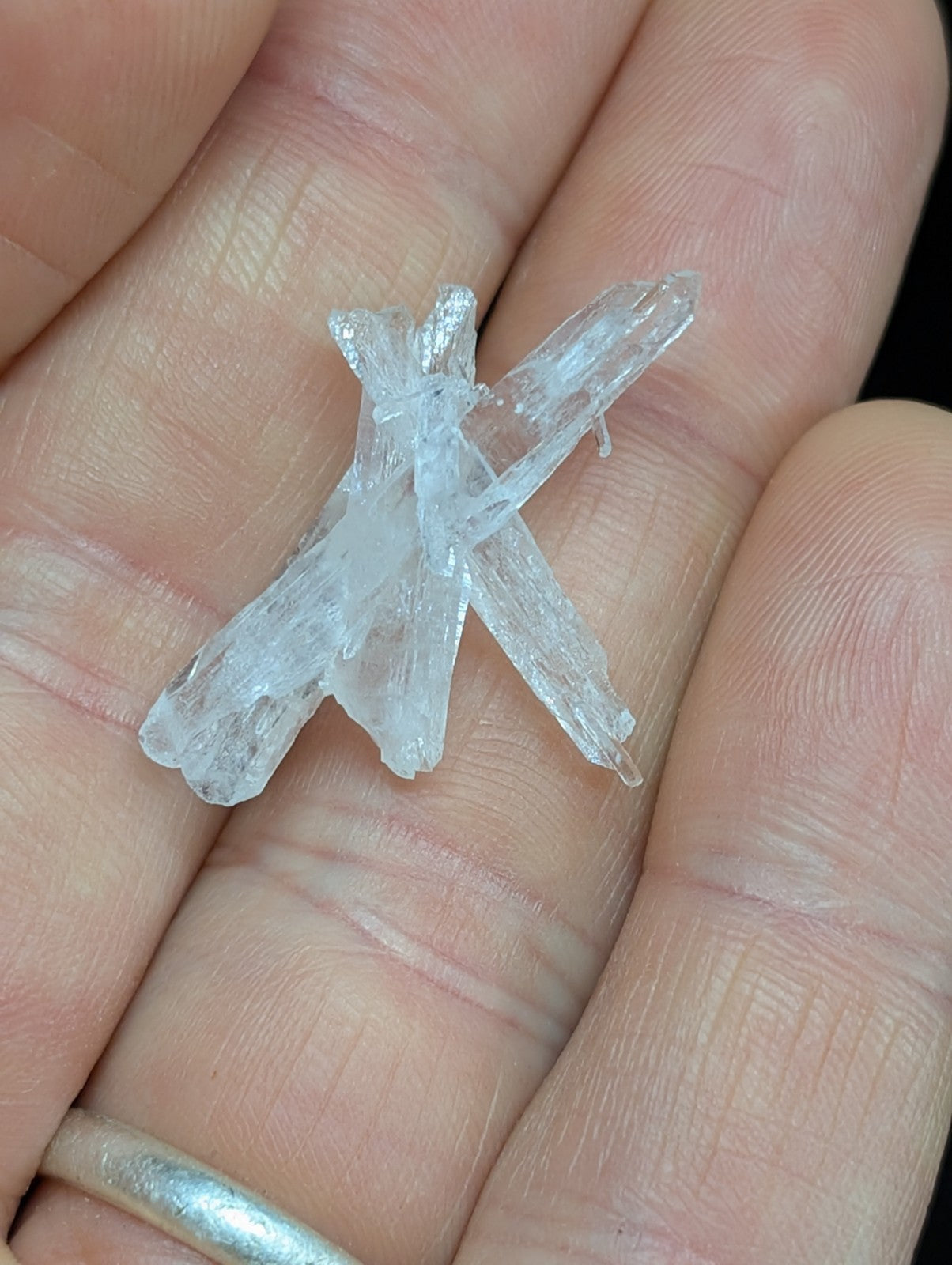 Clear, translucent quartz crystal cluster with jagged edges and a natural, branching formation.