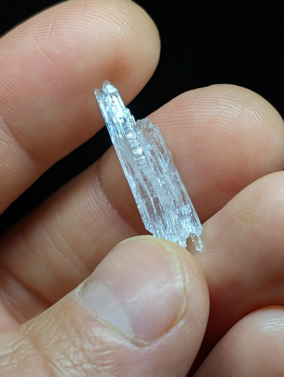 A translucent, pale blue crystal with sharp, faceted edges and a natural, branching growth pattern.
