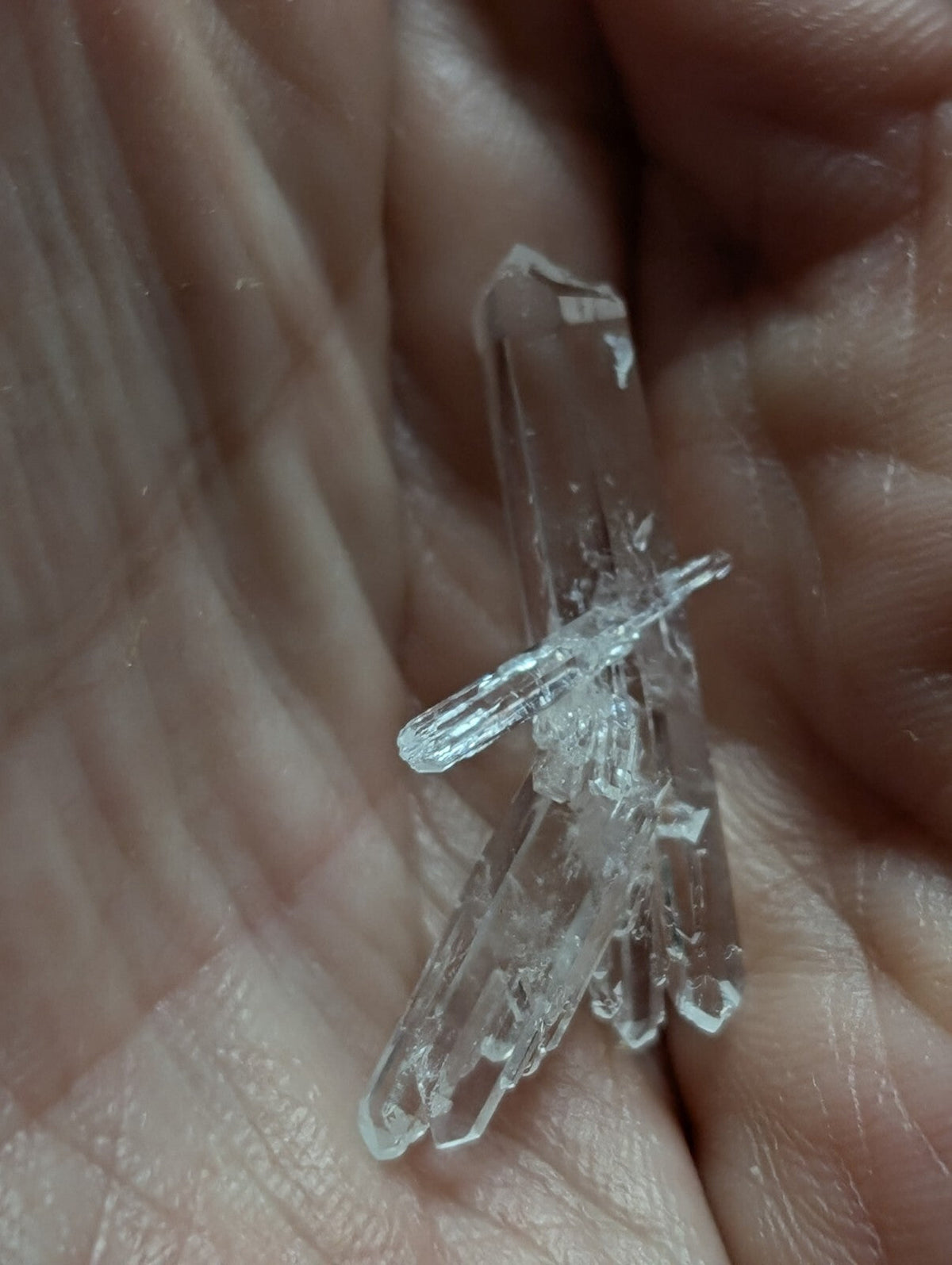 A clear, translucent quartz crystal cluster with sharp, angular facets and a natural, branching structure.